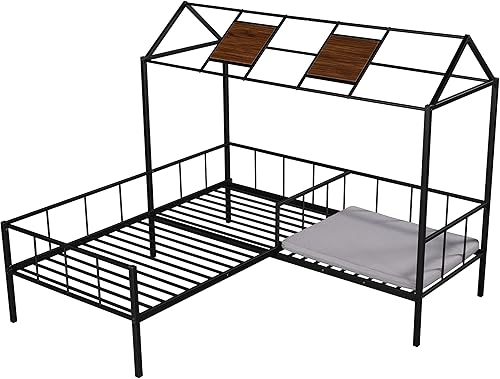 Miniatura 1 de RIDFY Bed Frames with Seating Area, Modern Twin Platform Bed Frame with House Roof, Metal Bedframe, Camas Mattress FoundationNoise FreeNo Box Spring