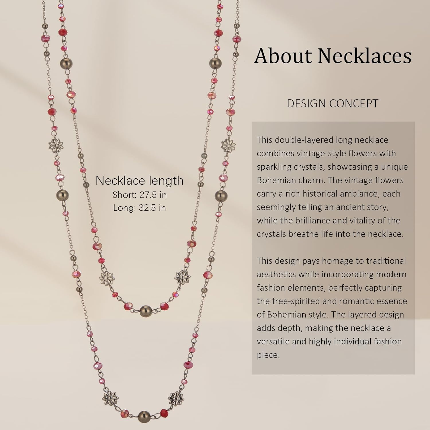 Noessla Layered Long Necklaces for Women Silver Black Beaded Necklace Vintage Flower Costume Jewelry Birthday Gifts for Women - Image 6