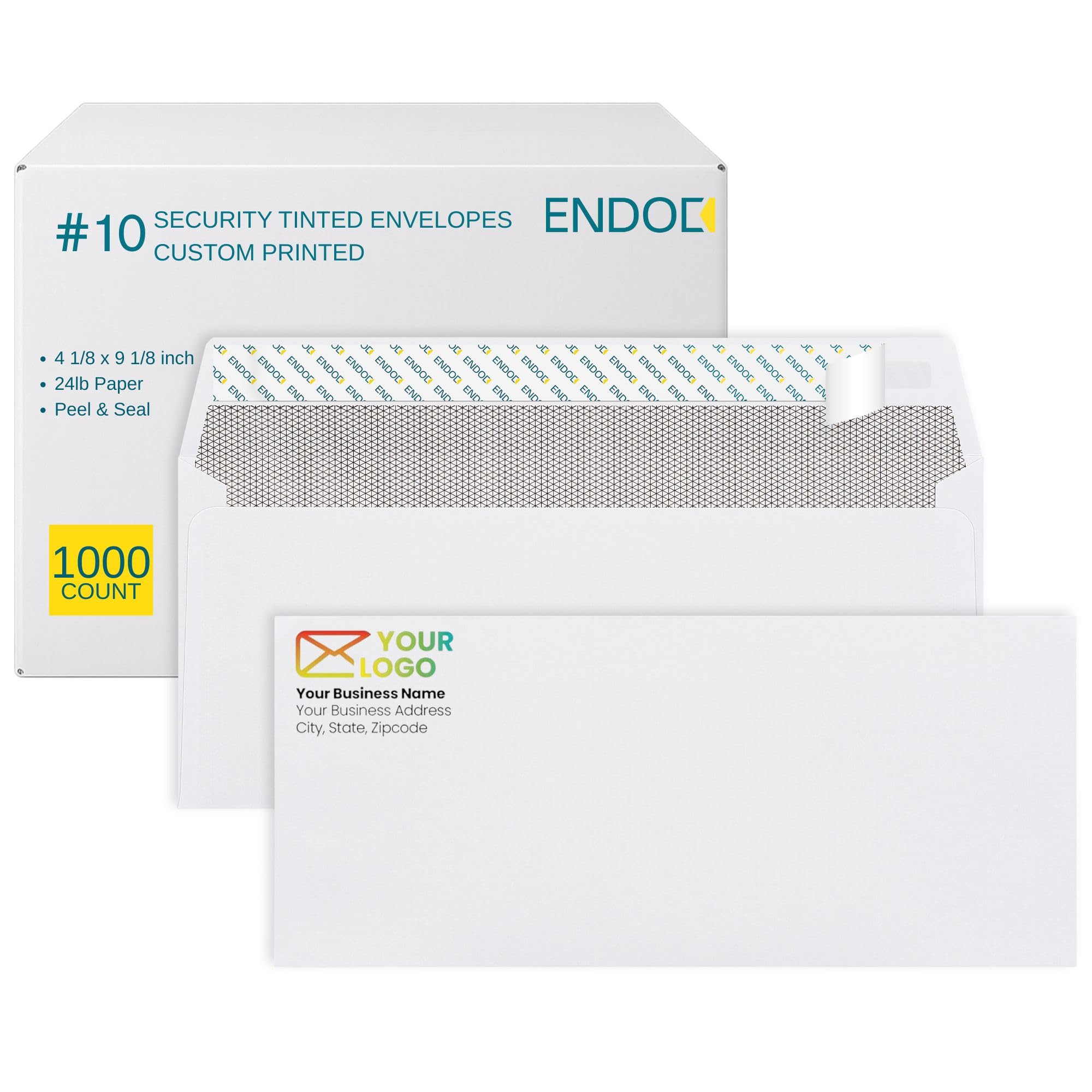 1000#10 Custom Printed Envelopes Self Seal, Security Tinted, #10 Custom Business Envelopes with Logo and Text, Peel and Seal Closure, Personalized