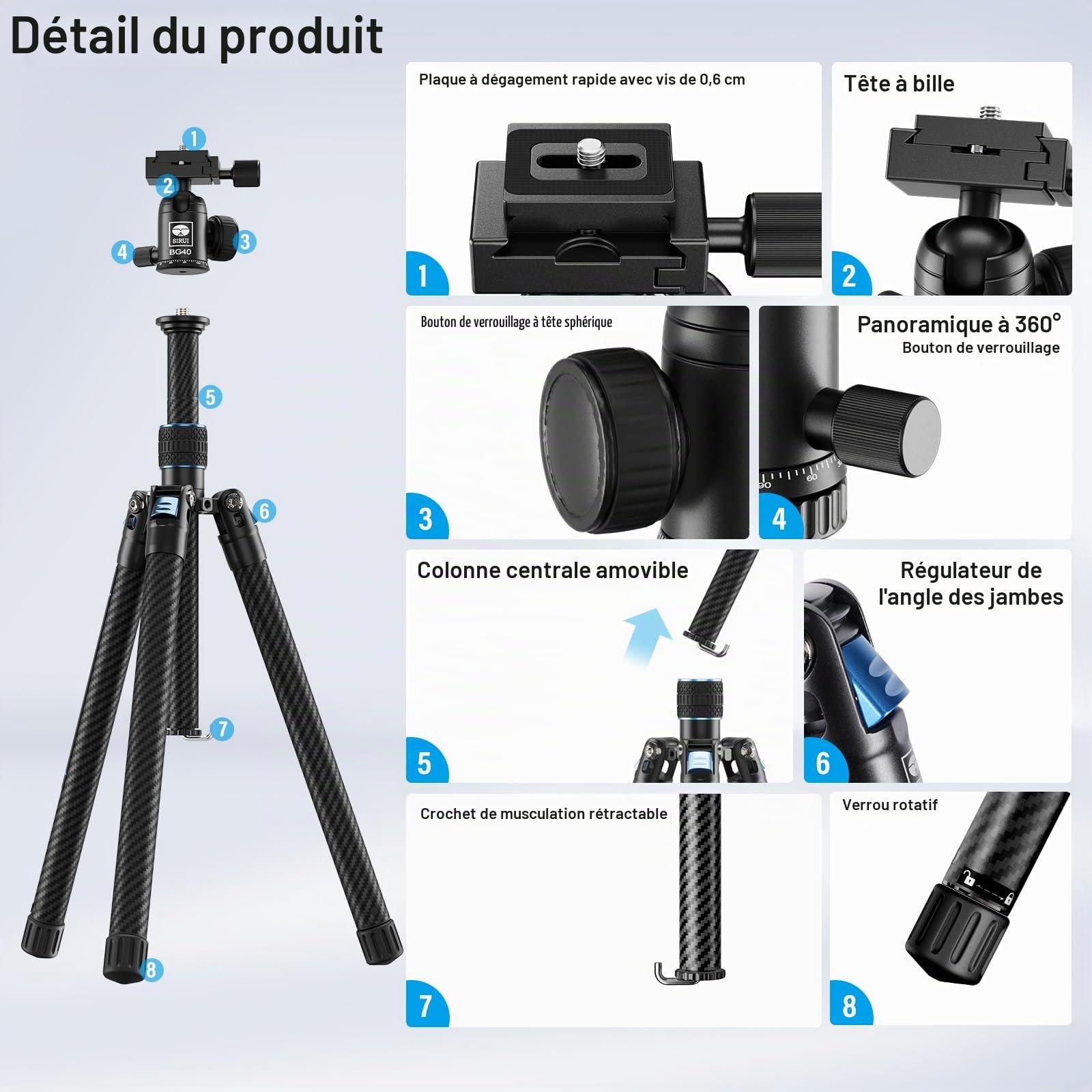 SIRUI 60'' Trépied Appareil Photo avec PTZ 360°,Trépied Vidéo en Fibre de Carbone,Pied Camera de 2 LB avec Plaque de Chargement Rapide,Poids Maximum 10kg(Traveler X-III)