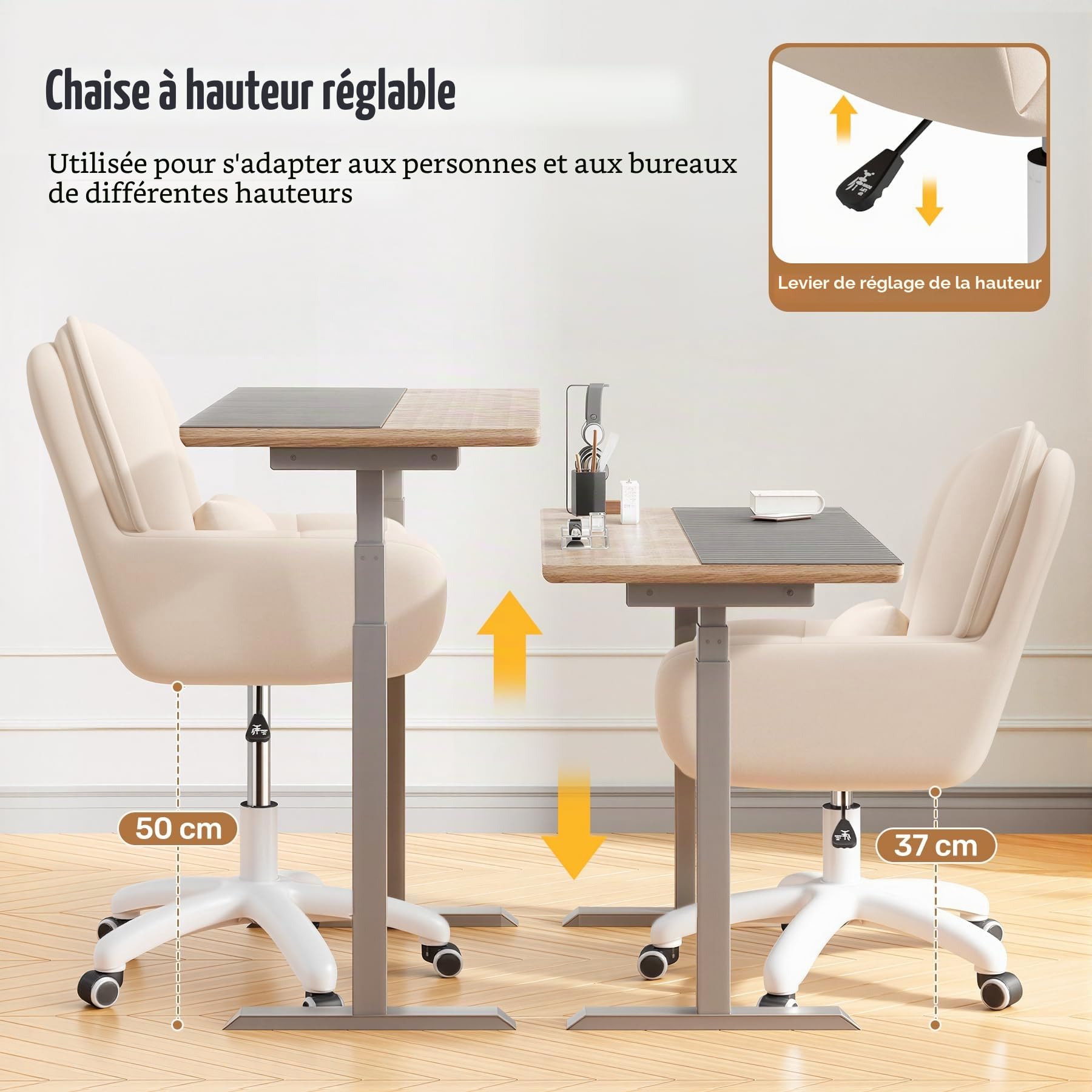 Bureau à Domicile et Chaise de Maquillage 2 en 1 Chaise pivotante Ergonomique en Velours 360° avec Coussin pour la tête, réglable en Hauteur pour Bureau ou Chambre à Coucher Beige