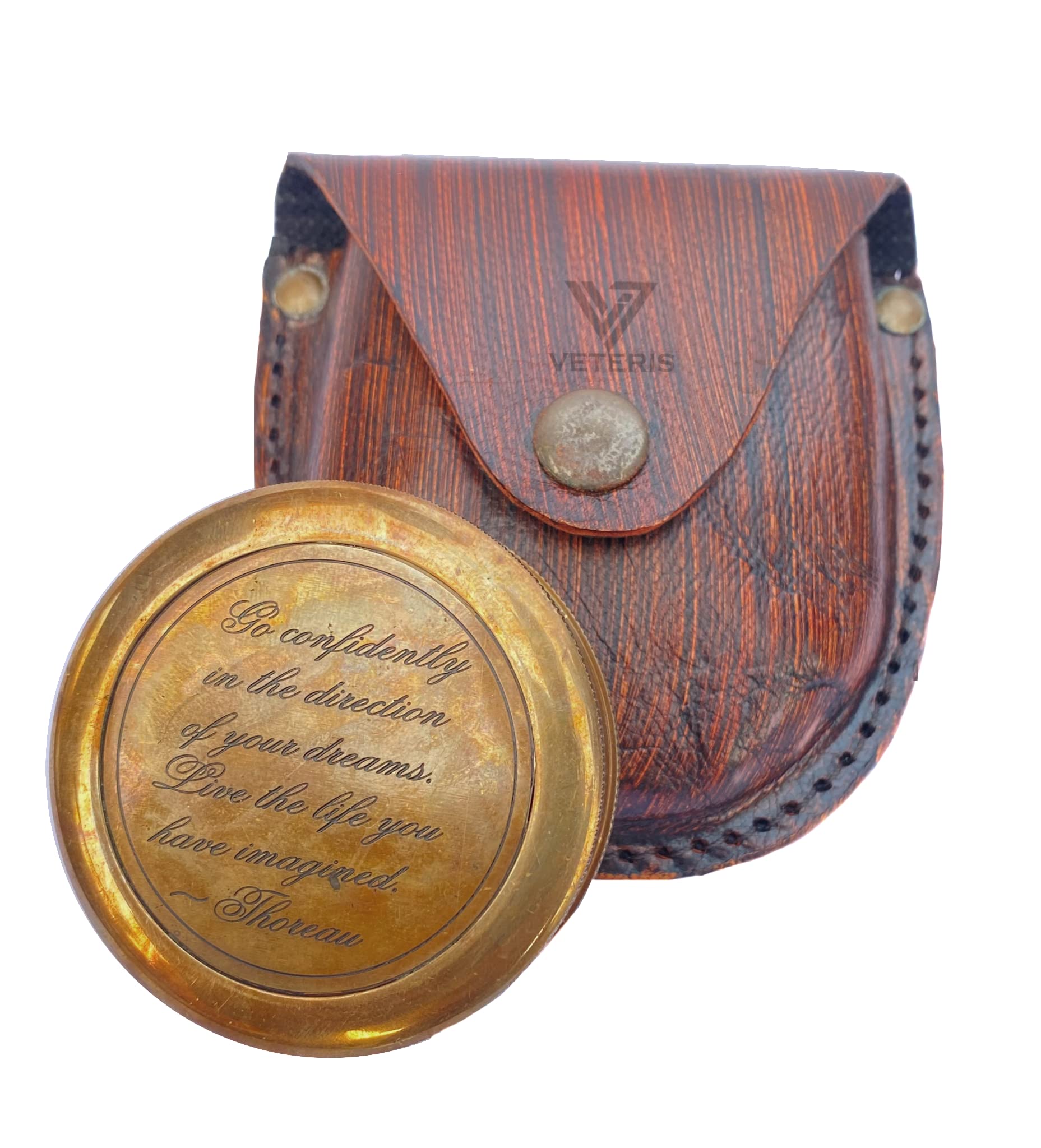 VETERIS Go Confidently Quote Engraved Compass with Stamped Leather case, Graduation Day Gifts, Direction Pocket Compass, Camping Compass, Boating Compass, Gift Compass. C-3270-image-6