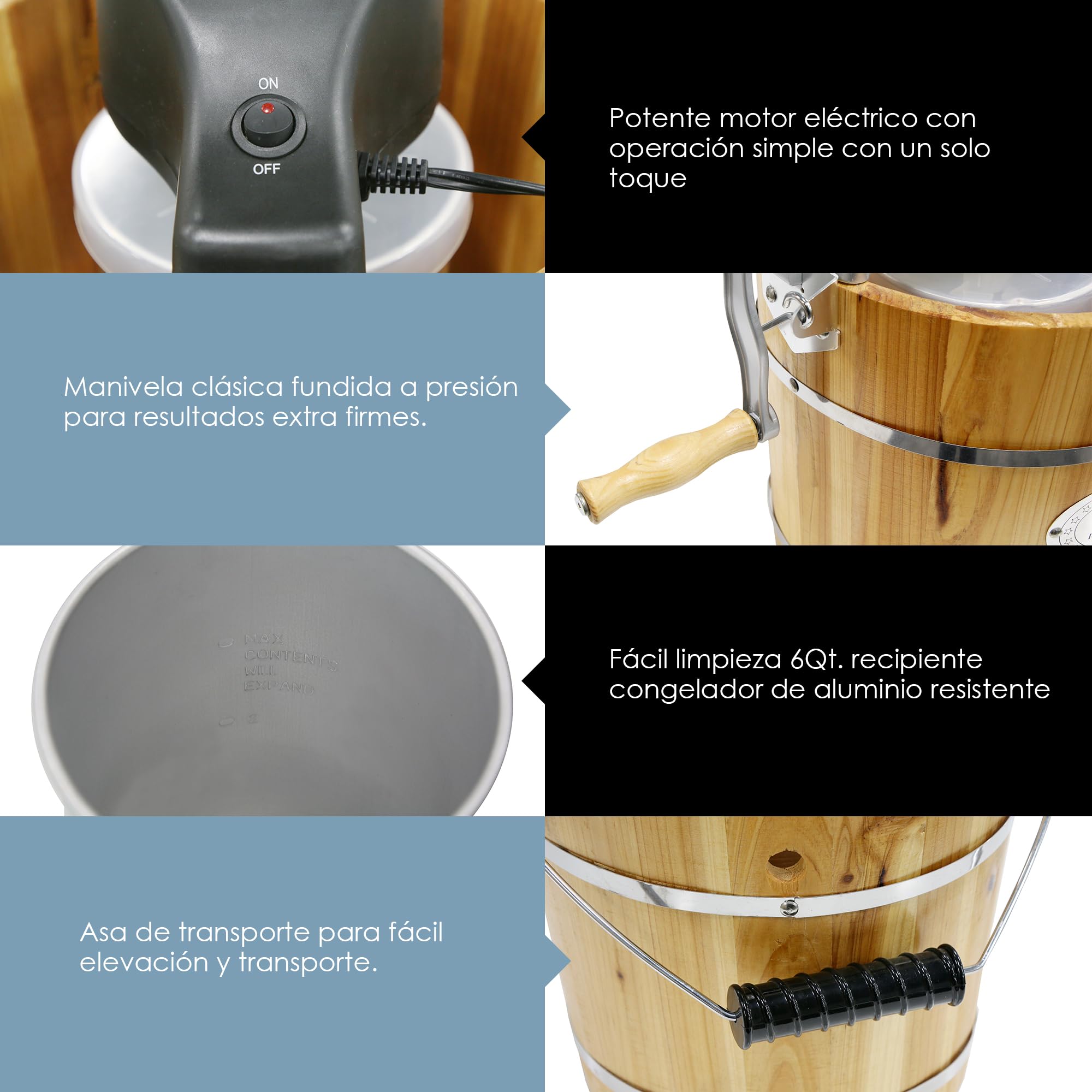 Elite Gourmet EIM916 Máquina de hacer helados eléctrica vintage en forma de cubo de madera de 5,5 l, manivela de fundido a presión clásica extra, usa sal marina para batir helados en minutos, pino
