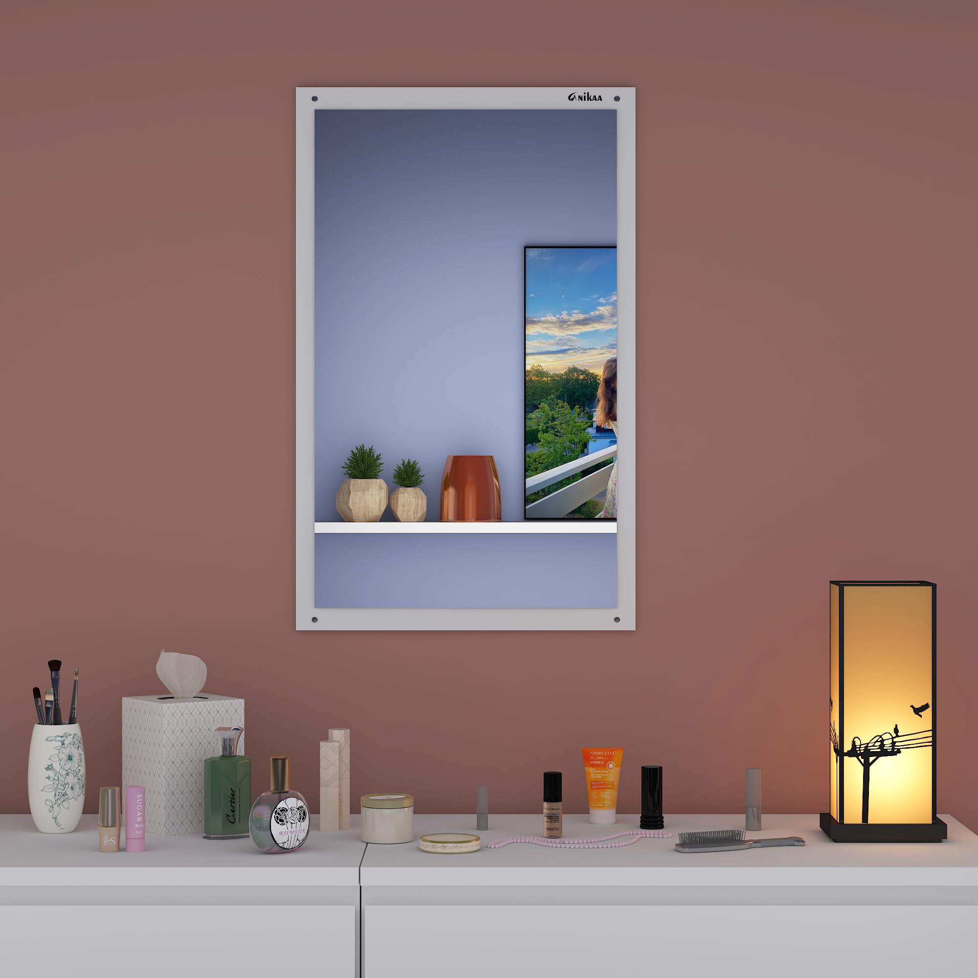 Anikaa Marcos Engineered Wood Dressing Wall Mirrors/Wall Hanging Dressing Mirrors/Wall Plain Mirror/Dressing Table For Bed Room/Wall Mounted Mirror For Living Room-Matte Finish(White)-Rectangular