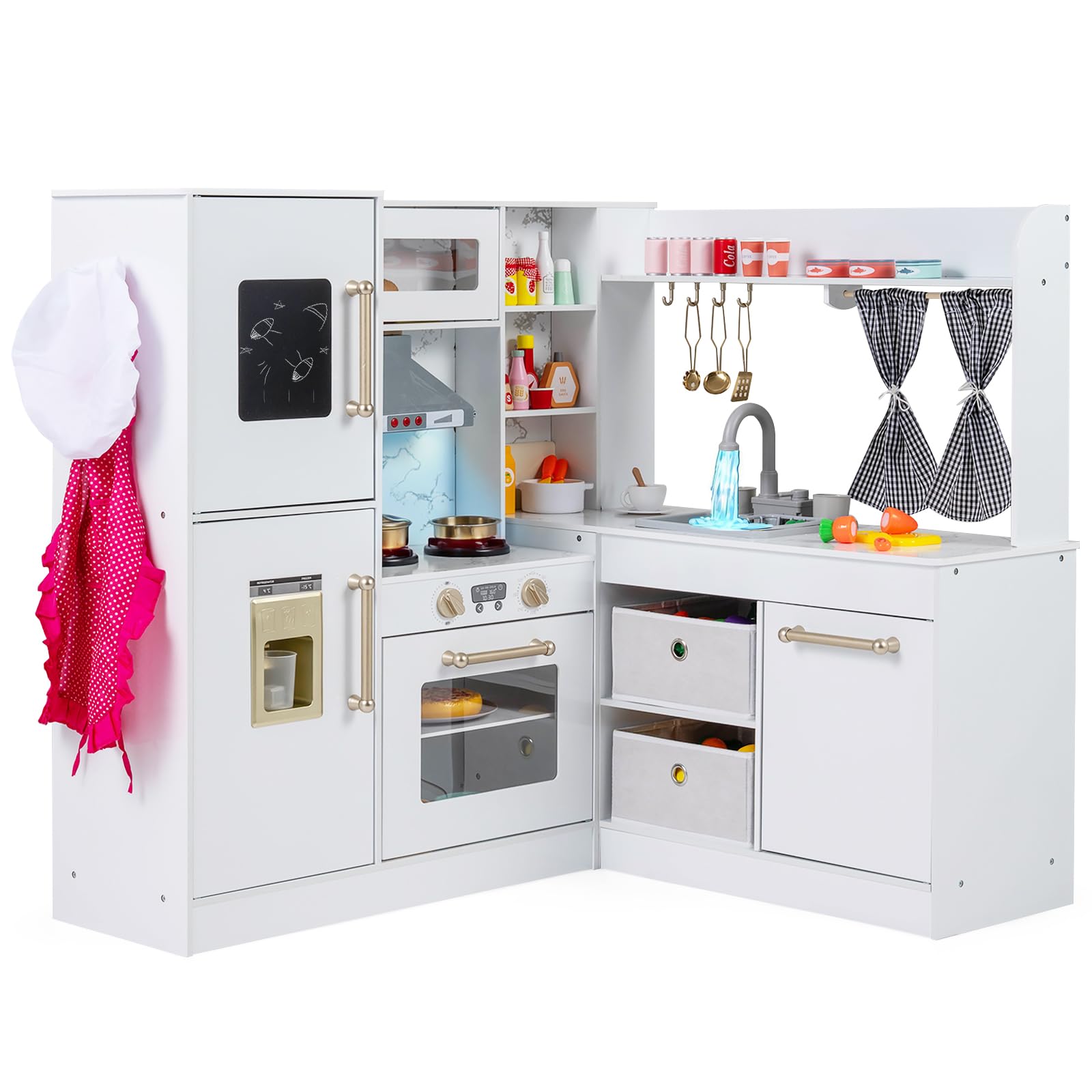 COSTWAY Kids Corner Play Kitchen, Wooden Pretend Toy Kitchens with Lights & Sounds, Running Water Circulation, Accessory Utensils, Children's Chef Role Play Set for Boys Girls (White)