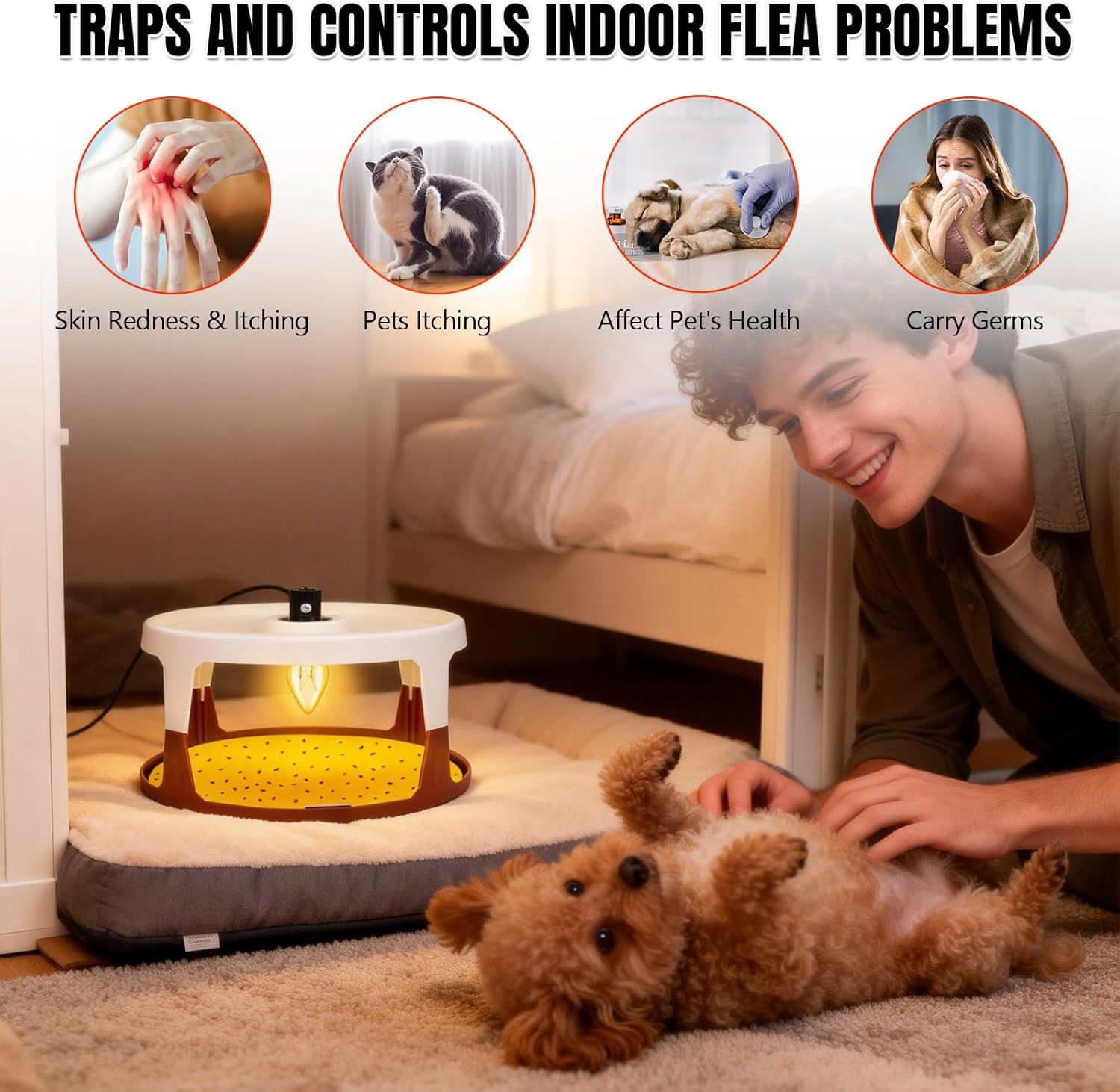 2 Pack Flea Traps for Inside Your Home, Flea Killer for House Indoor with 8 Sticky Pads & 8 Light Bulbs, Odorless Bed Bug Killer Insect Infestation Treatment Trap Safe for Kids and Pets