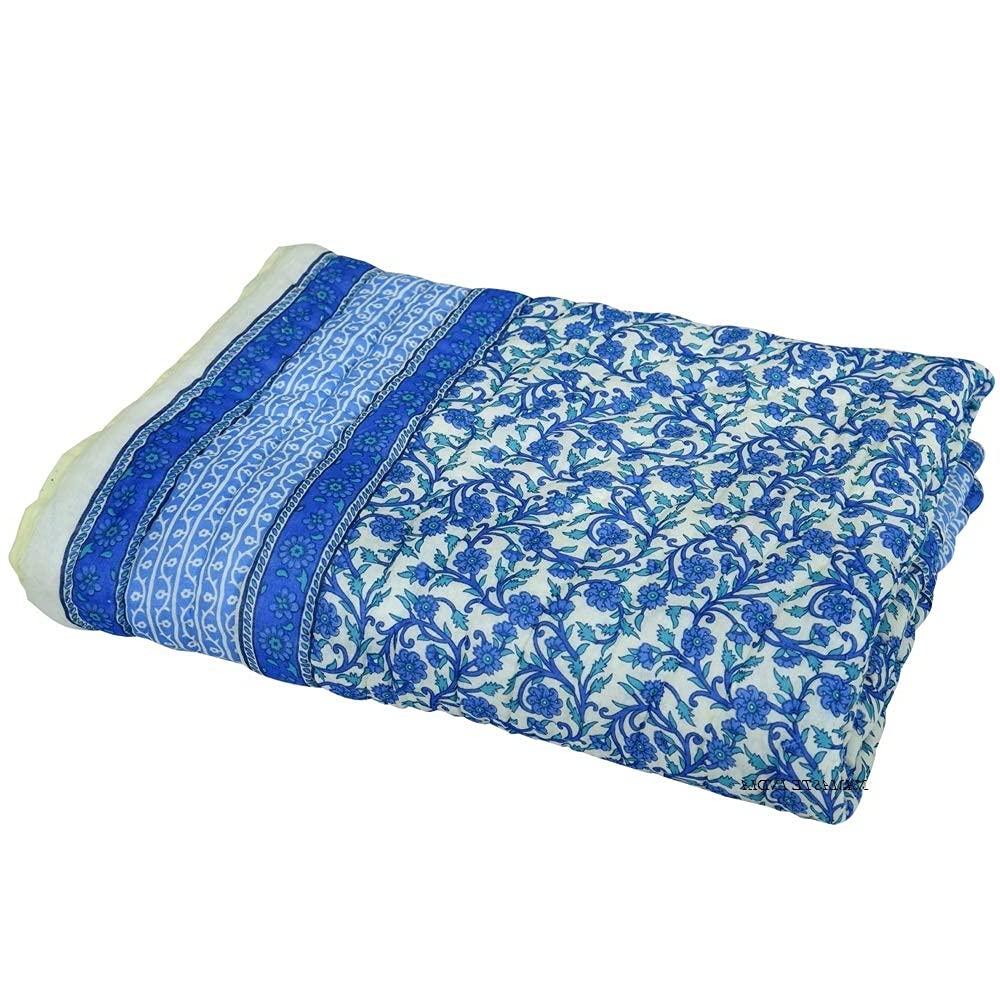 Hopee Shop 210 TC Rajasthani Jaipuri Voile Quality Razai Blue Color Light Weight Floral Net Printed Soft Cotton Single Bed Quilt/Blankets Size 55x85 Inch