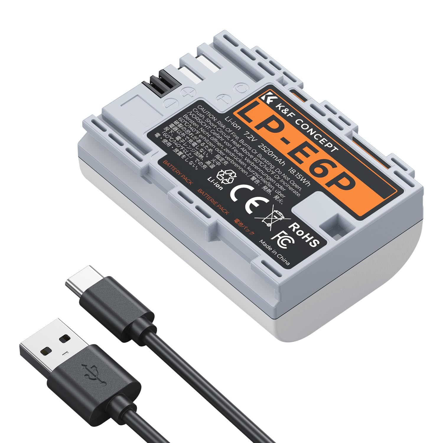K&F Concept 2520 mAh LP-E6P Batterie avec USB-C Compatible avec Canon EOS R7, R6V, R6, R5, R6 Mark II, R5 Mark II, R, 5D III IV, 5DS, 6D, 6D II, 7D, 80D, 90D et Les Batterie de Série LP-E6 Caméras