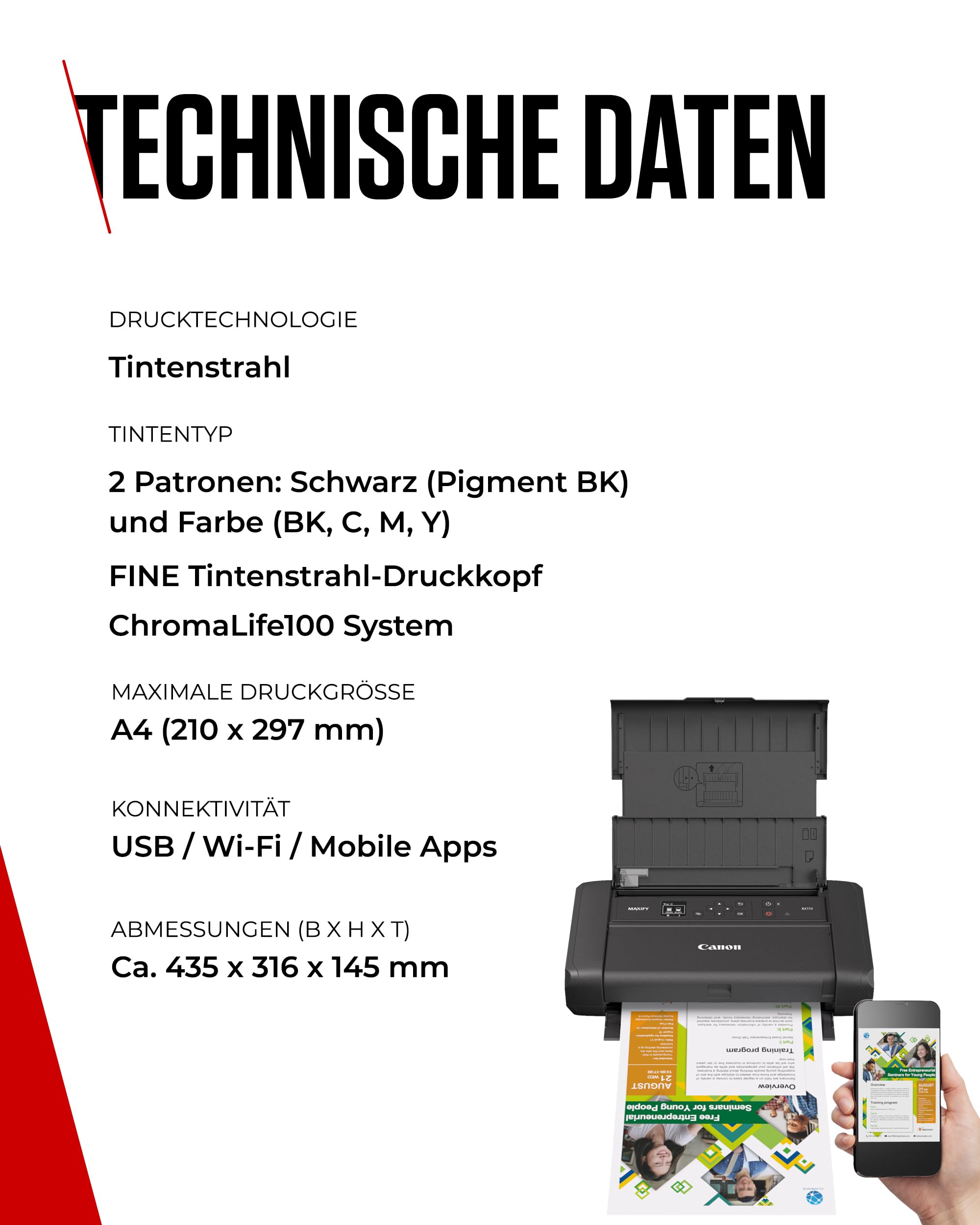 Canon MAXIFY BX110 Mobiler Drucker WLAN-Drucker mit wiederaufladbarem Akku A4