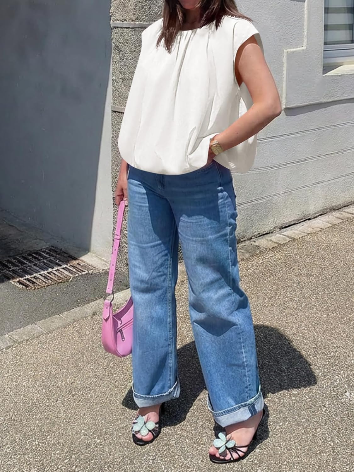 Cicy Bell Womens Summer Cap Sleeve Blouses Casual Pleated Open Back Crew Neck Bubble Tank Tops Bow Tie Cotton Shirts - Image 6