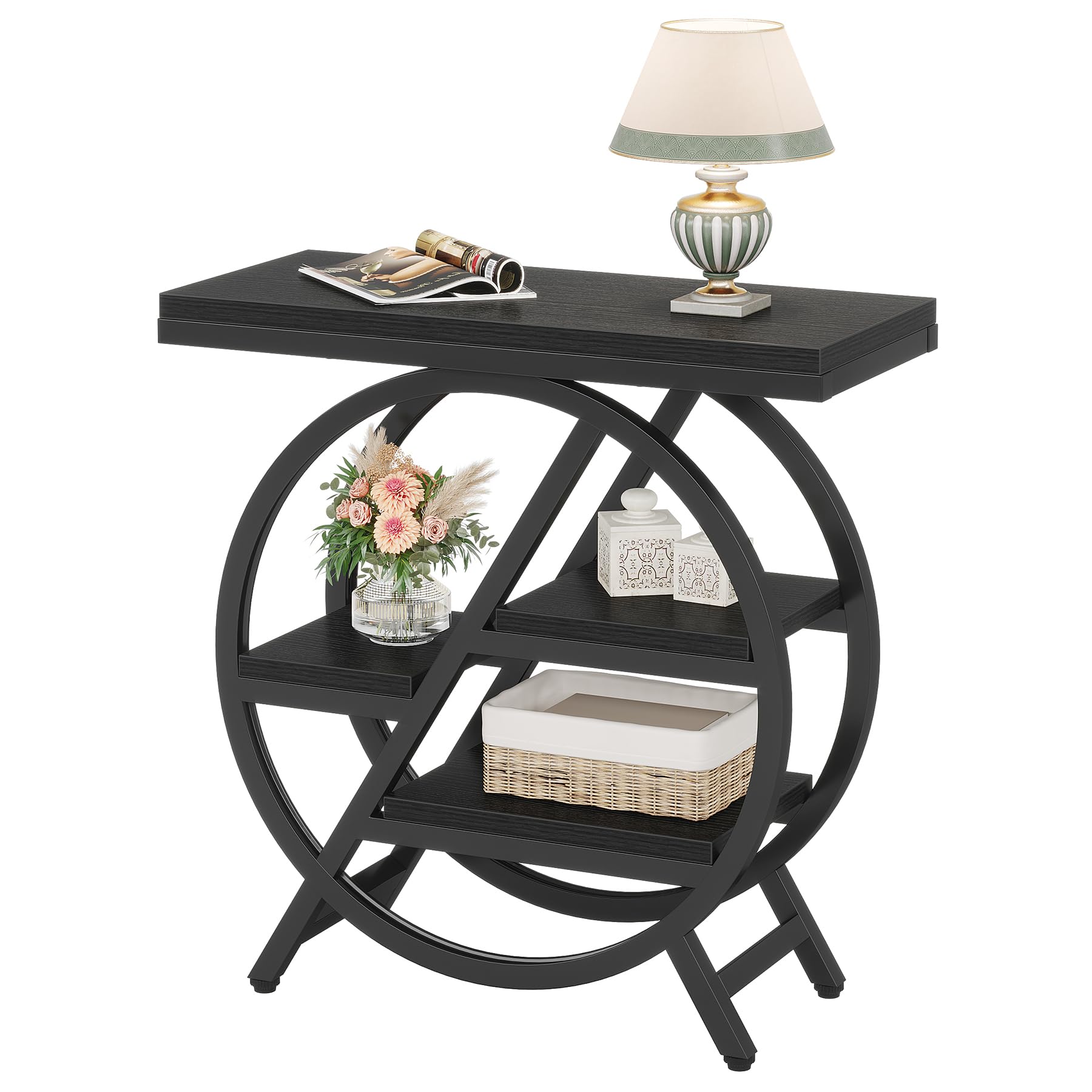 Tribesigns End Table for Living Room, 3-Tier Narrow Side Table with Storage, Wood Sofa Side Table with Geometric Metal Frame, Industrial Nightstand and Bedside Table for Bedroom, Black