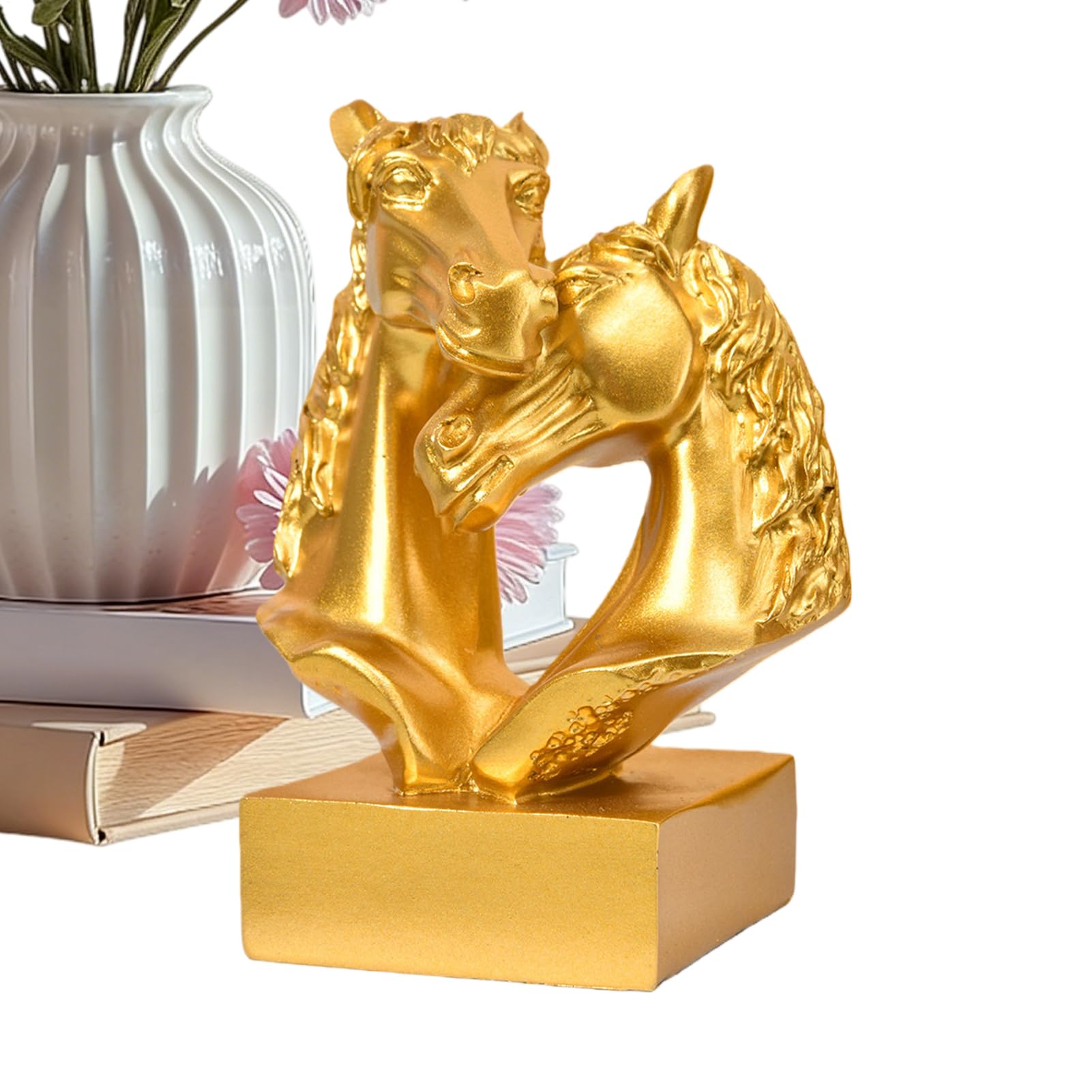 Golden Double Head Horse Statue Resin Figurine 4.6x3.5x3.2in Tabletop Decor