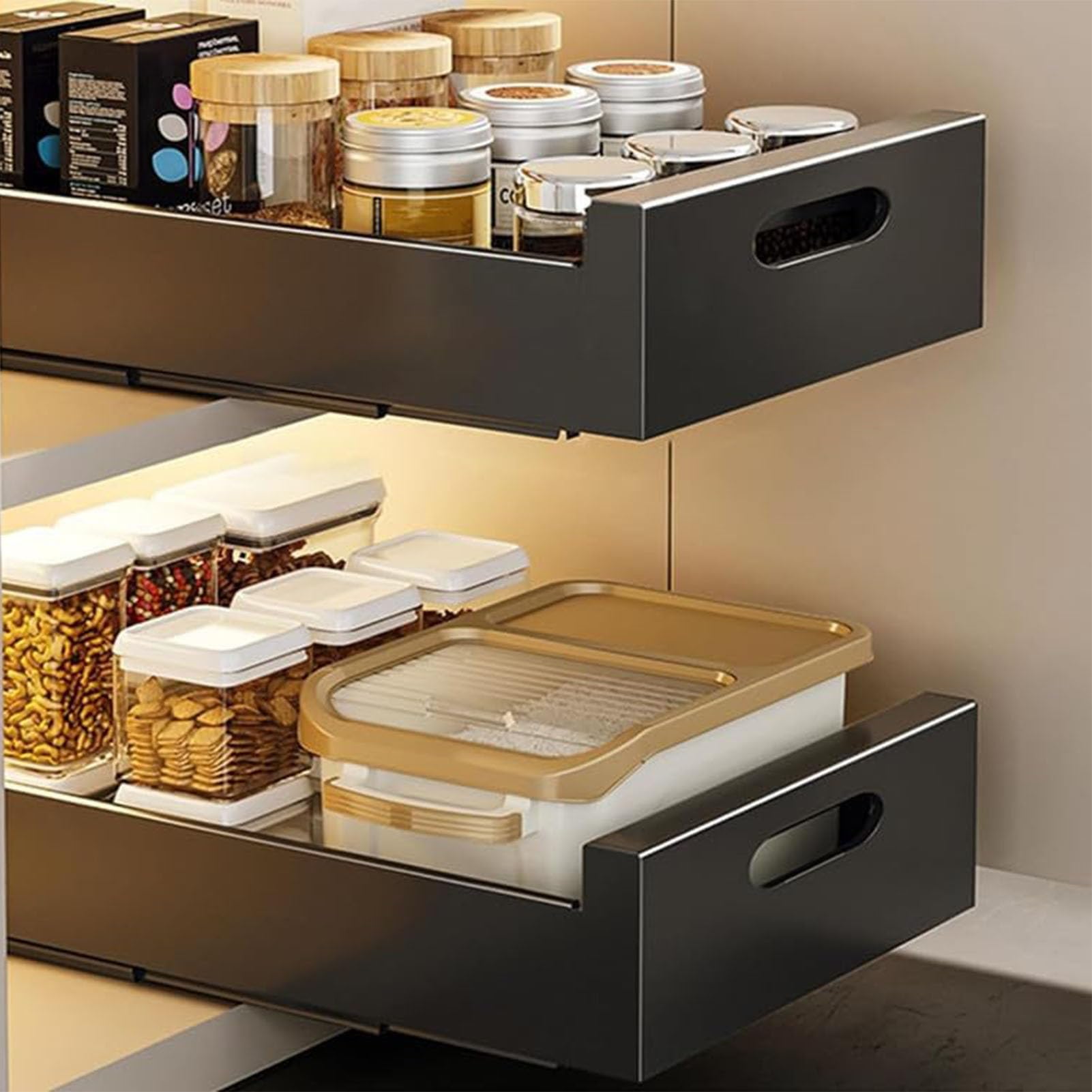 2PCS - Pull Out Cabinet Organiser, Drill-free Slide Out Drawer Storage Shelves, Heavy Duty Sliding Drawer Organizer for Kitchen Cupboard for Kitchen Cupboard Bathroom(Black,40cm)