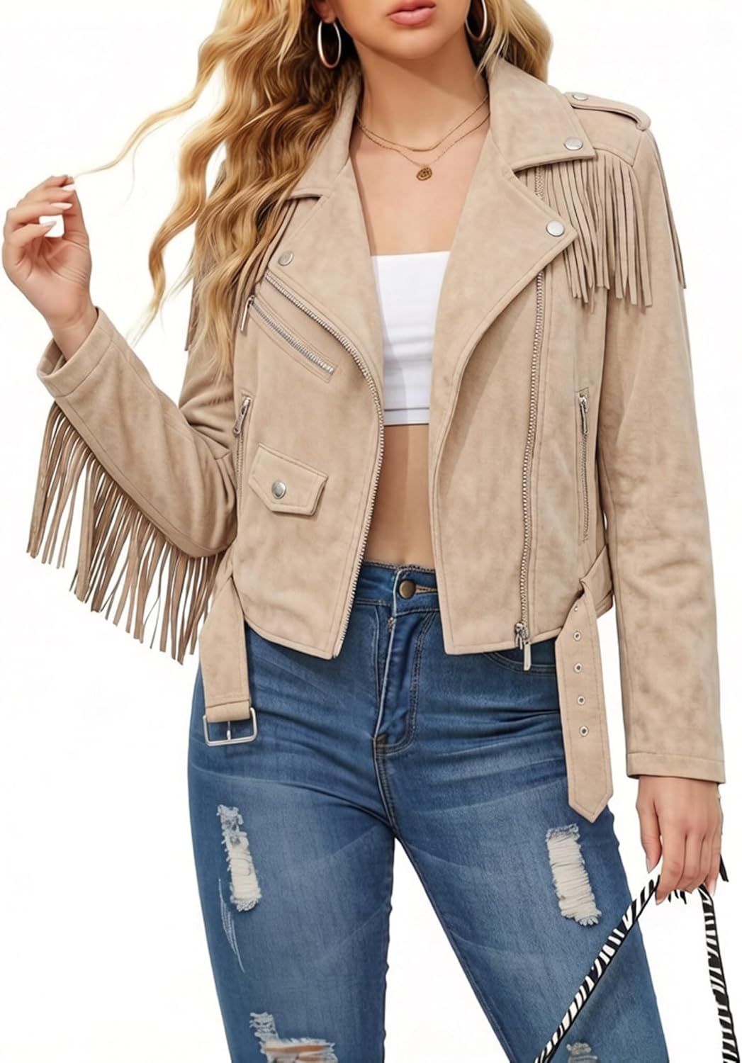 XULIKU Women Short Faux Leather Moto Jacket,Tassel Trim Lapel Zipper Up Pleather Coat Belted