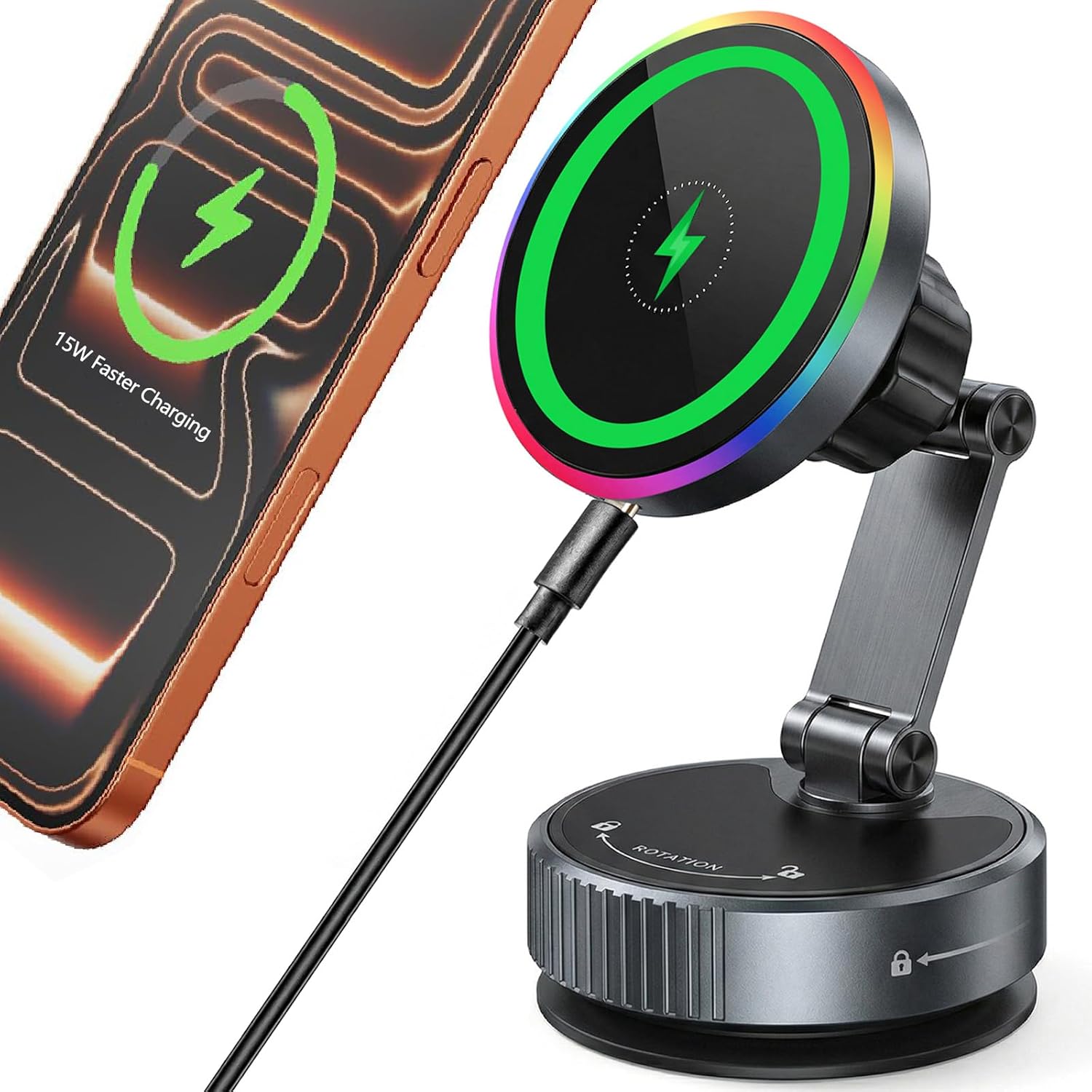 for MagSafe Car Mount Charger, 15W Fast Wireless Charging, Vacuum Suction Magnetic Car Phone Holder for iPhone & Android, 360° Adjustable Cell Phone Holders for Your Car Dashboard/Windshield