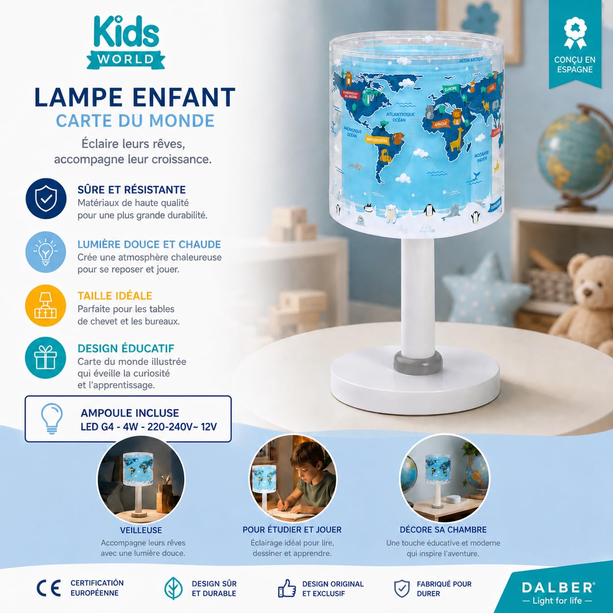 Dalber Lampe de chevet ou de table enfant veilleuse Kids World Carte Monde Planète, 40671, G4 - LED 4 W - Ampoule incluse, Bleu