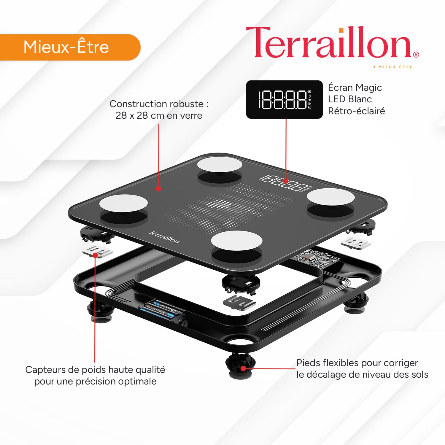 TERRAILLON - Balance Pese personne, Connectée Bluetooth avec application, Analyse Corporelle prècise (IMC, graisse, musculaire, hydrique), Haute précision à 50 gr et jusqu'à 180Kg, WEIGHT CONNECT