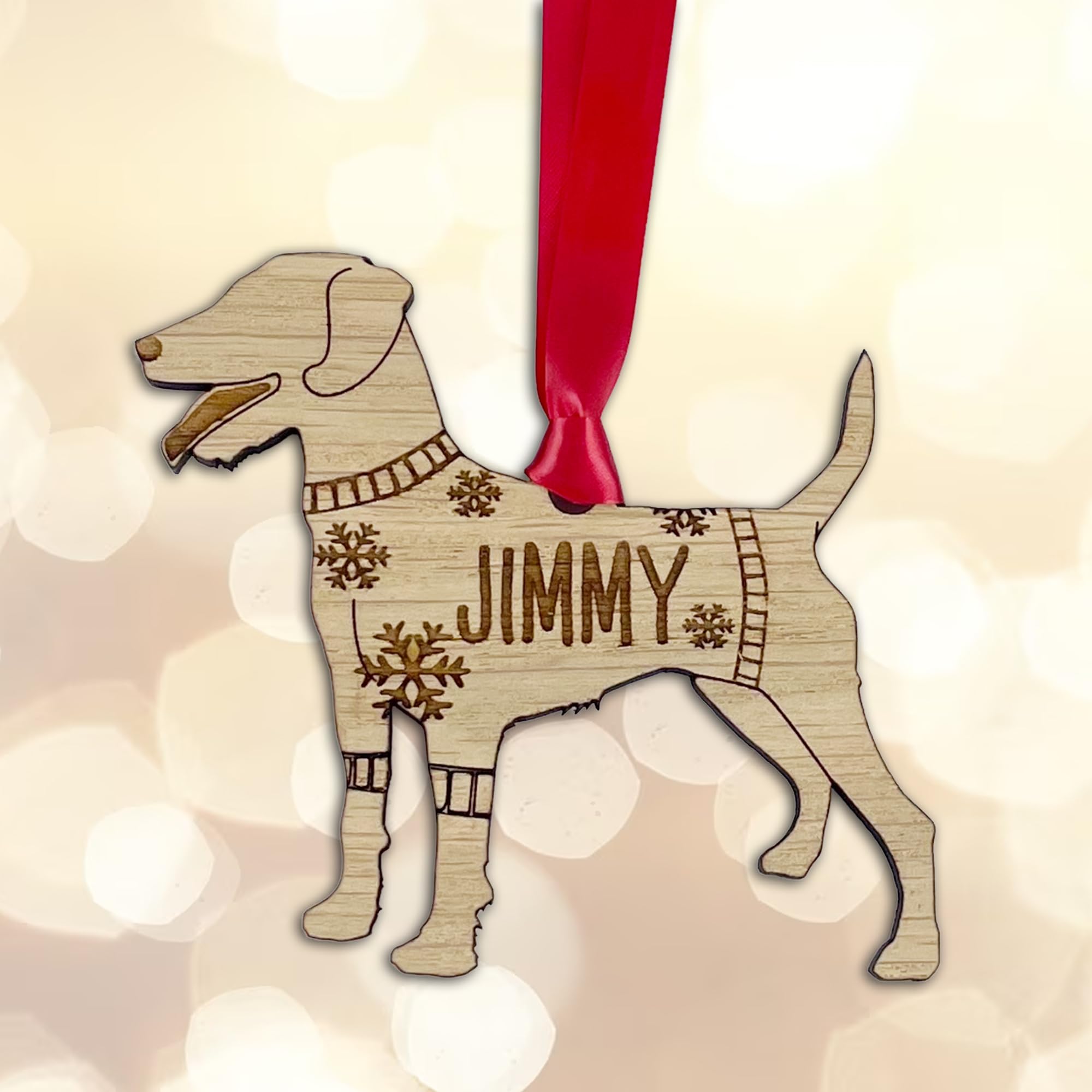Personalised Patterdale Dog Christmas Tree Bauble Decoration, Wearing a Dog Jumper Design with Snowflakes, Customised Puppy Hanging Ornament, Oak Veneer Wood with Red Ribbon