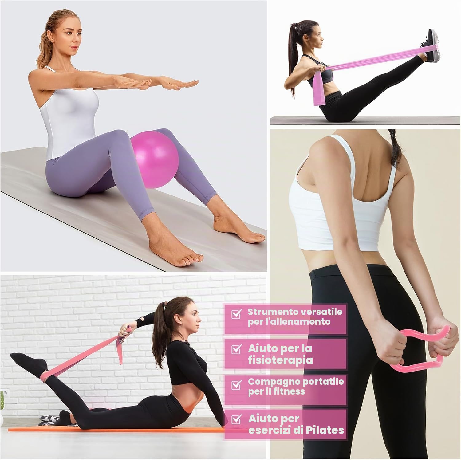 Pilates Circle Essentials, kit da yoga da donna, set da 5 pezzi, pilates a casa, include palla pilates, anello da yoga Magic Circle e fasce di resistenza per donne, set da pilates e palla.