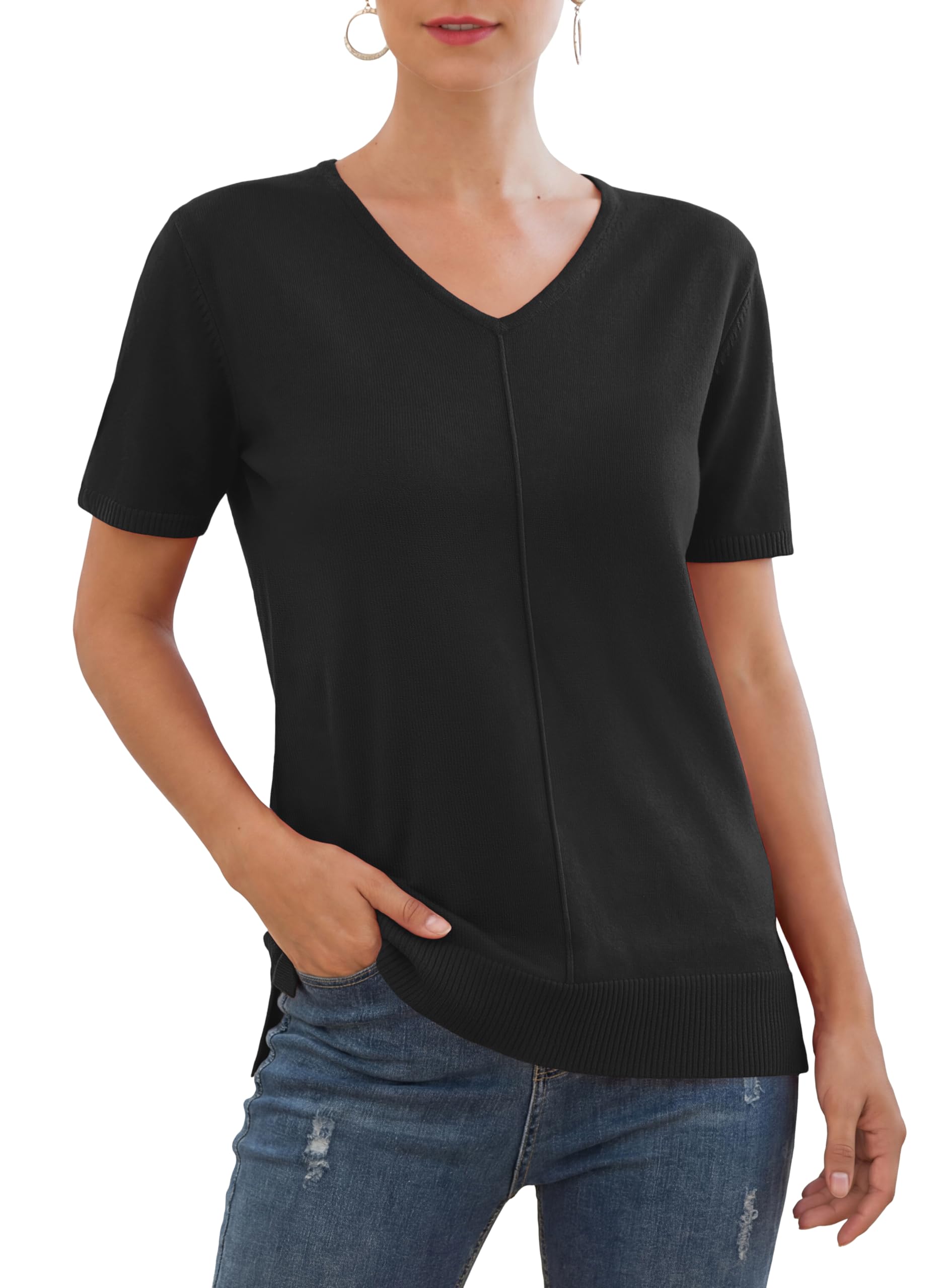 Jouica Womens Summer Short Sleeve Tops Casual V Neck Loose Fit Knit Lightweight Sweater Pullover Top
