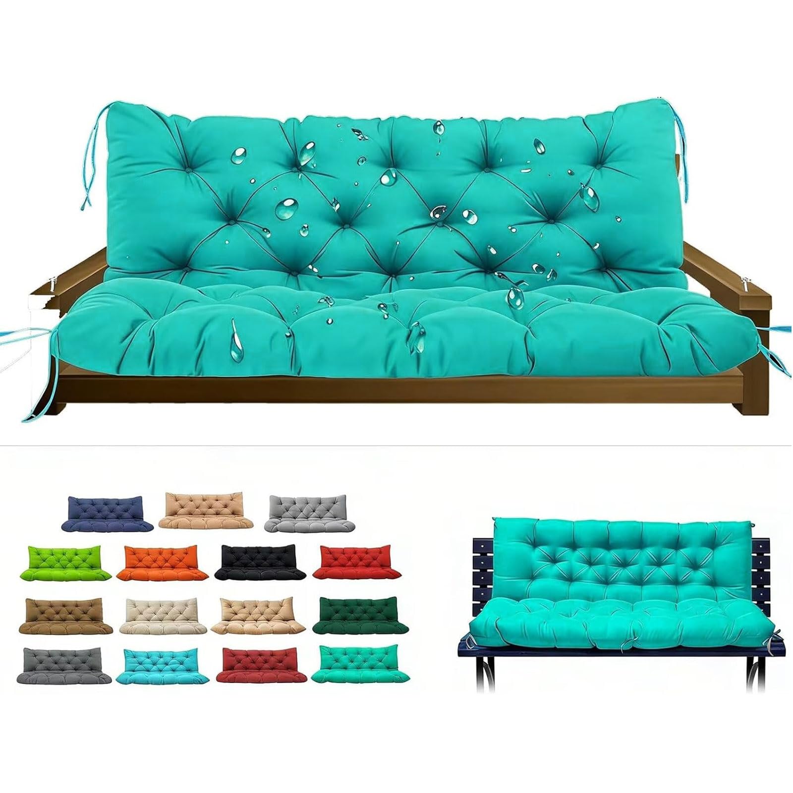 Garden Bench Cushions, 2-3 Seater Thick Waterproof Fabric Durable Comfortable Outdoor Indoor Seating Cushion with Convenient Ties Versatile for Patio Garden Porch Benches(Lake Blue 100x100cm) — image 1