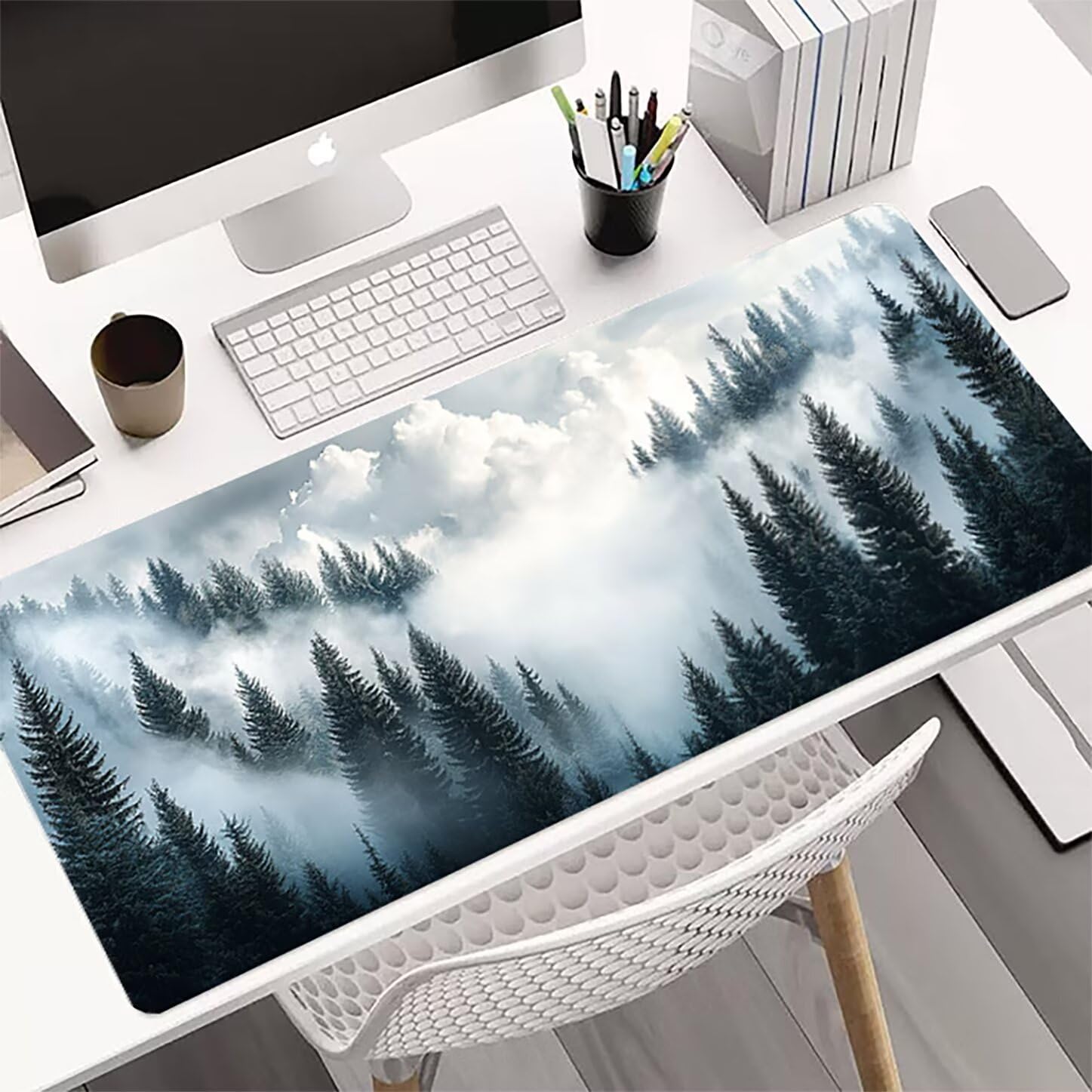 Lpfieonn Wald Großes Schreibtischunterlage, XXL Schreibtischunterlagen, Weiß XXL Wasserdicht Gaming Mousepad mit Vernähter Rand und Rutschfeste Gummibasis, für Laptop/Hause/Büro 120x60cm PF-3309