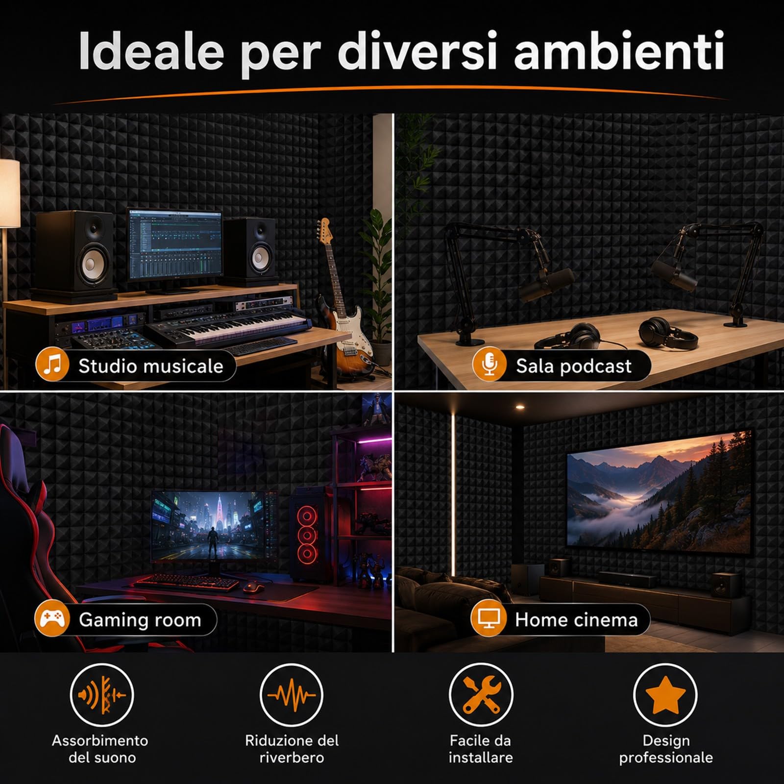Pannelli Fonoassorbenti Piramidali 50×50×8 cm – Set da 10 Pannelli Autoadesivi per Riduzione Rumore, Comfort Acustico Casa, Gaming Room, Home Studio, Sala Podcast – Nero Rivestito