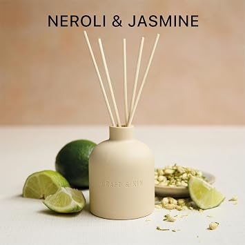 Craft & Kin Neroli & Jasmine Reed Diffuser Earthenware Collection, 6.7 oz Alcohol-Free Essential Oil Diffuser for Home & Bathroom Long-Lasting Fragrance Sticks Ceramic Room Decor