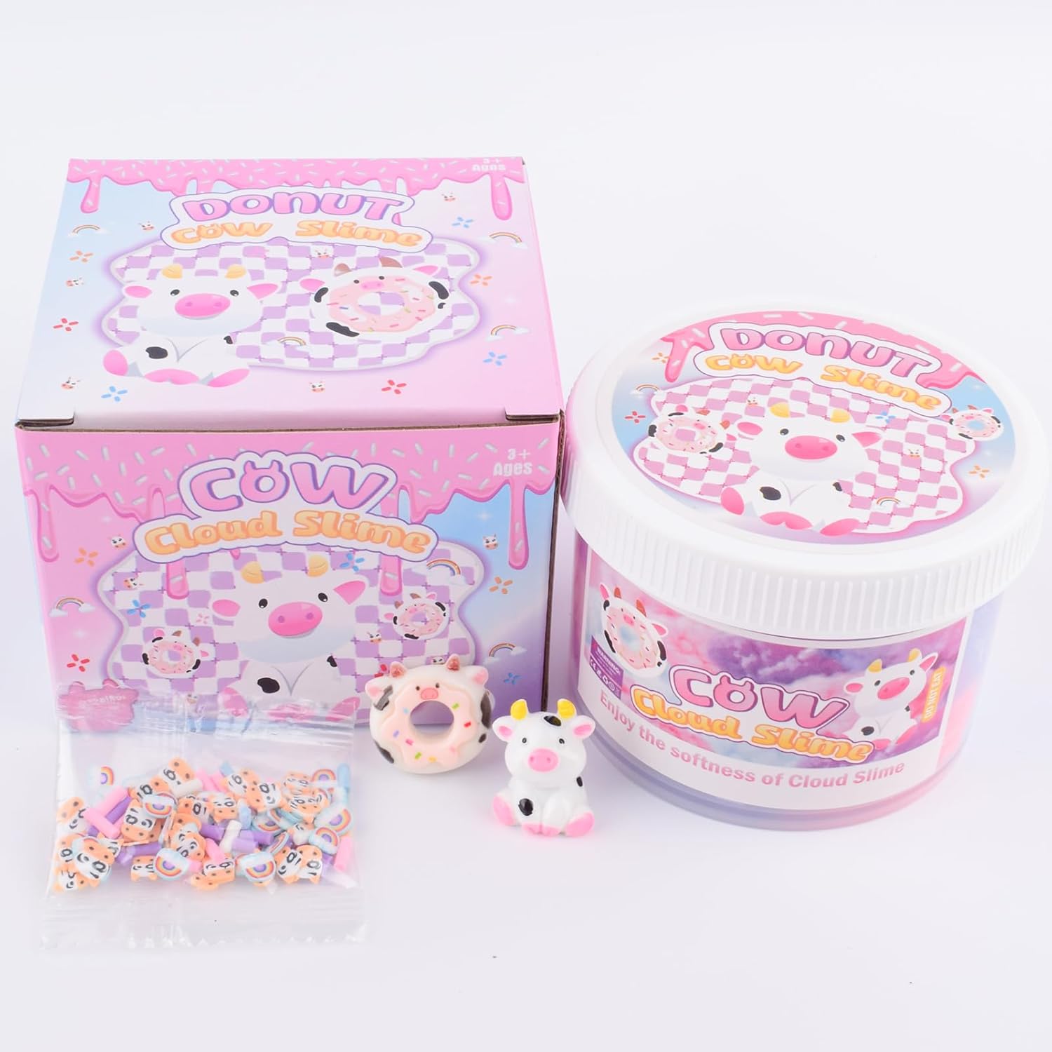 Pink Cow Cloud Slime, Scented Slime with Cute Donut Cow Charms and Rainbow Cloud Add-ins, Birthday Gifts for Kids 4-12, Party Favors for Girls and Boys, Super Soft Sludge Toy
