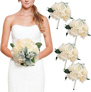 7 Inch Bridesmaid Bouquets Set of 4, Artificial Flower Wedding Bouquets for Bridesmaids Realistic Small Rose Bouquet for Vintage Rustic Country Boho Wedding Decorations - Champagne & White