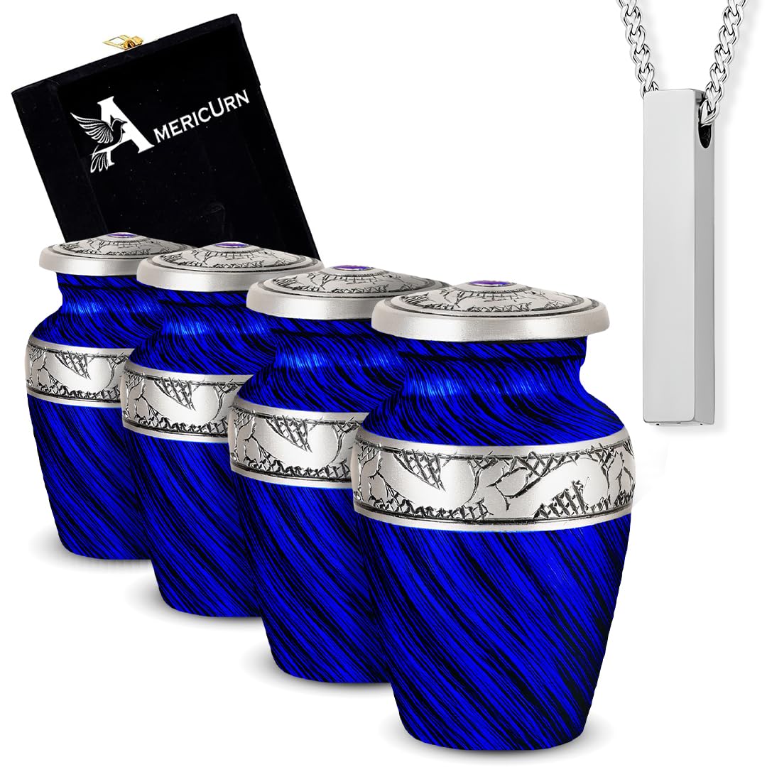 Set of 5 Eternal Blue Decorative Cremation Small Urns for Ashes Adult Male & Female Includes 4 Mini Keepsakes & 1 Necklace for Human Ashes