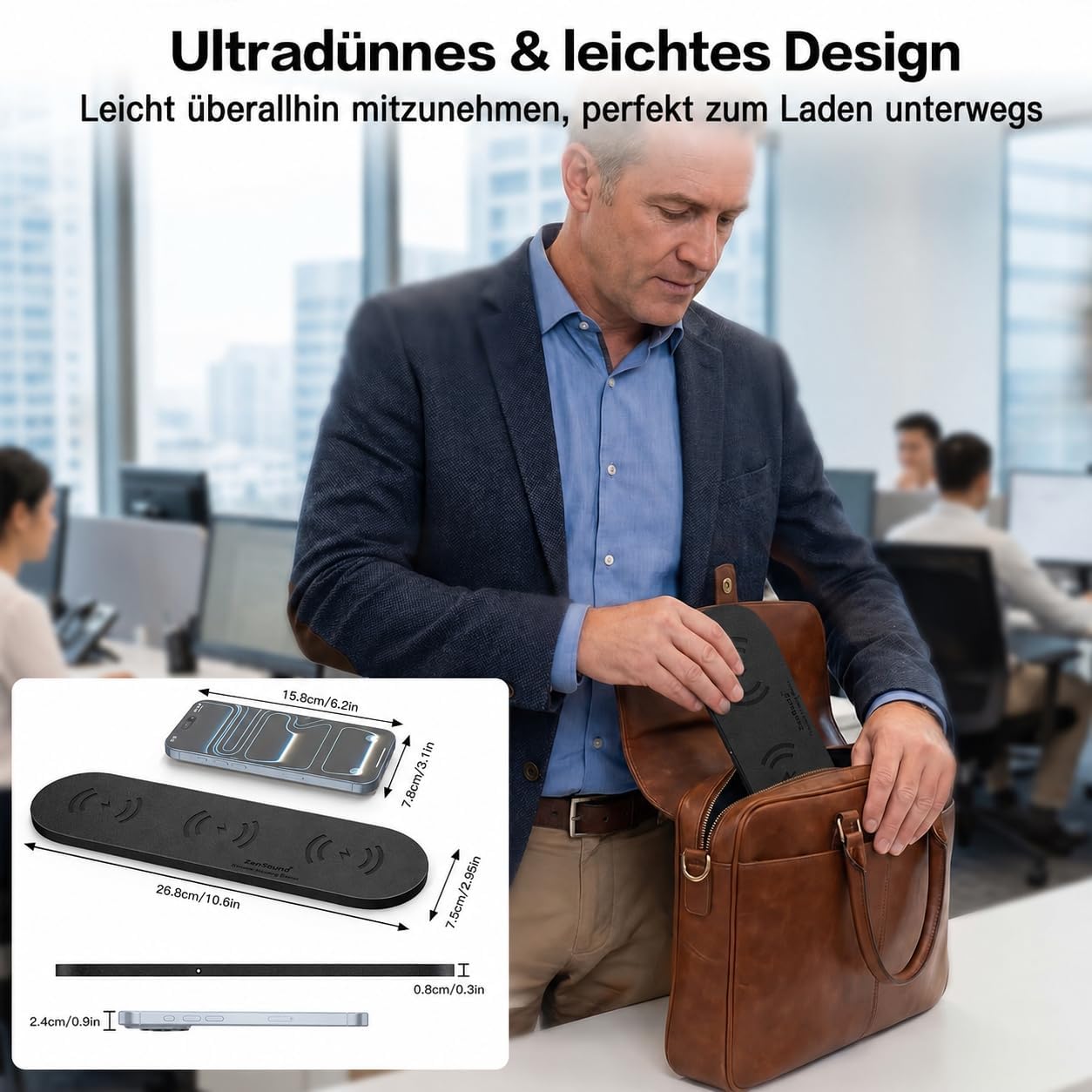 ZealSound Wireless Charger, 3-in-1 induktive Ladegerät für iPhone 17 16 15, Samsung Galaxy, AirPods & Galaxy Buds, Ultraschlankes PU-Leder-Design für Zuhause, Büro und Reisen, mit 36W EU-Stecker