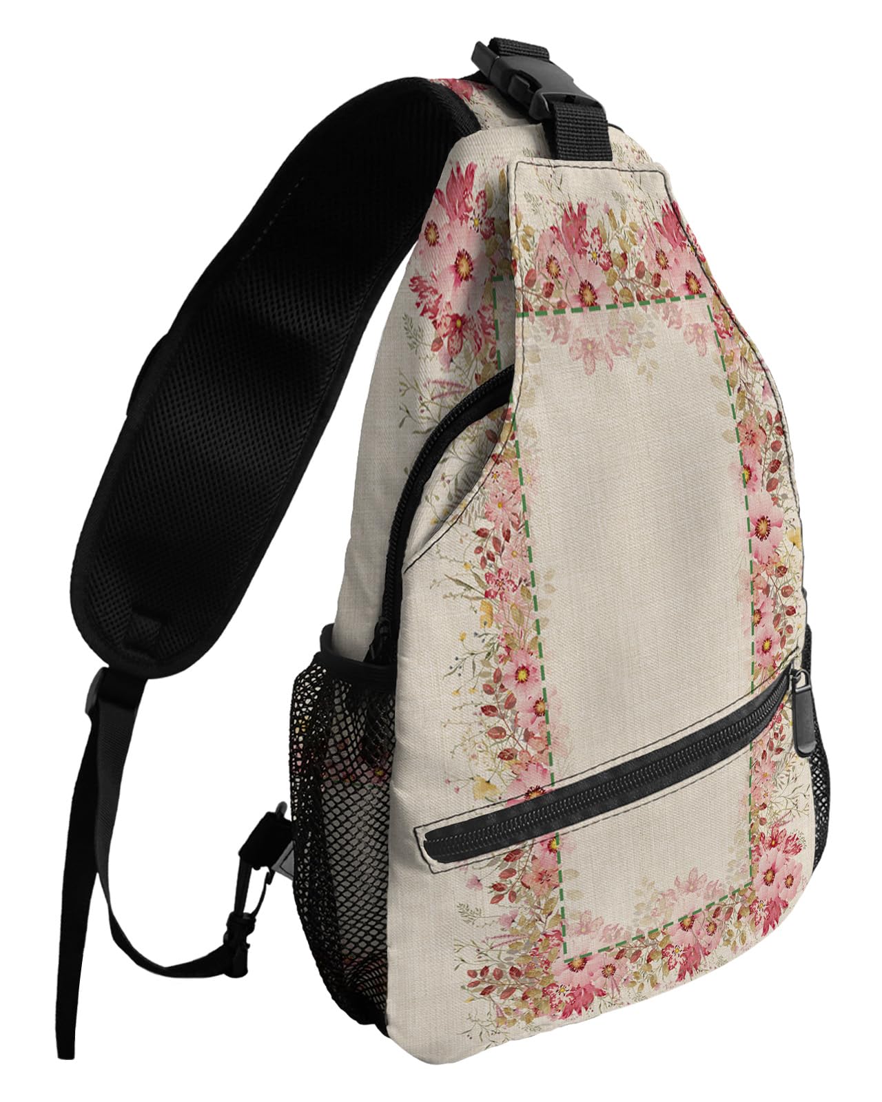 Sling Bag Crossbody Bag for Women Men Spring Cherry Blossoms Wild Flowers Leaves Waterproof Hiking Backpack Lightweight Chest Shoulder Bag Daypack for Travel Hiking Outdoor Activities