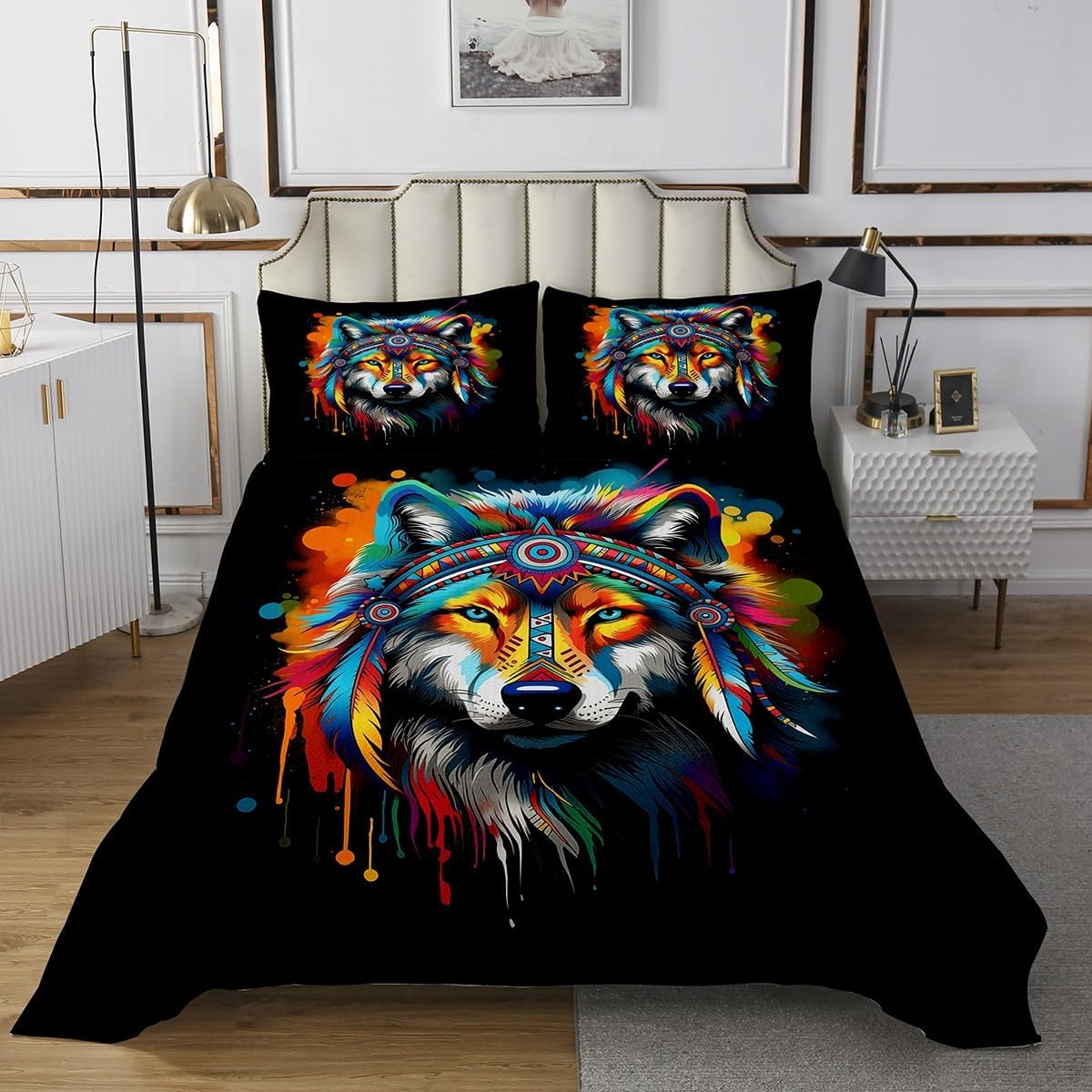 Erosebridal Hippie Wolf Coverlet Queen Size for Kids Boys Girls Rainbow Watercolor Bedding Set,Oil Painting Bedspread Set Wild Animal Wildlife Bed Spread Bohemian Mandala Bedroom Set,Cozy