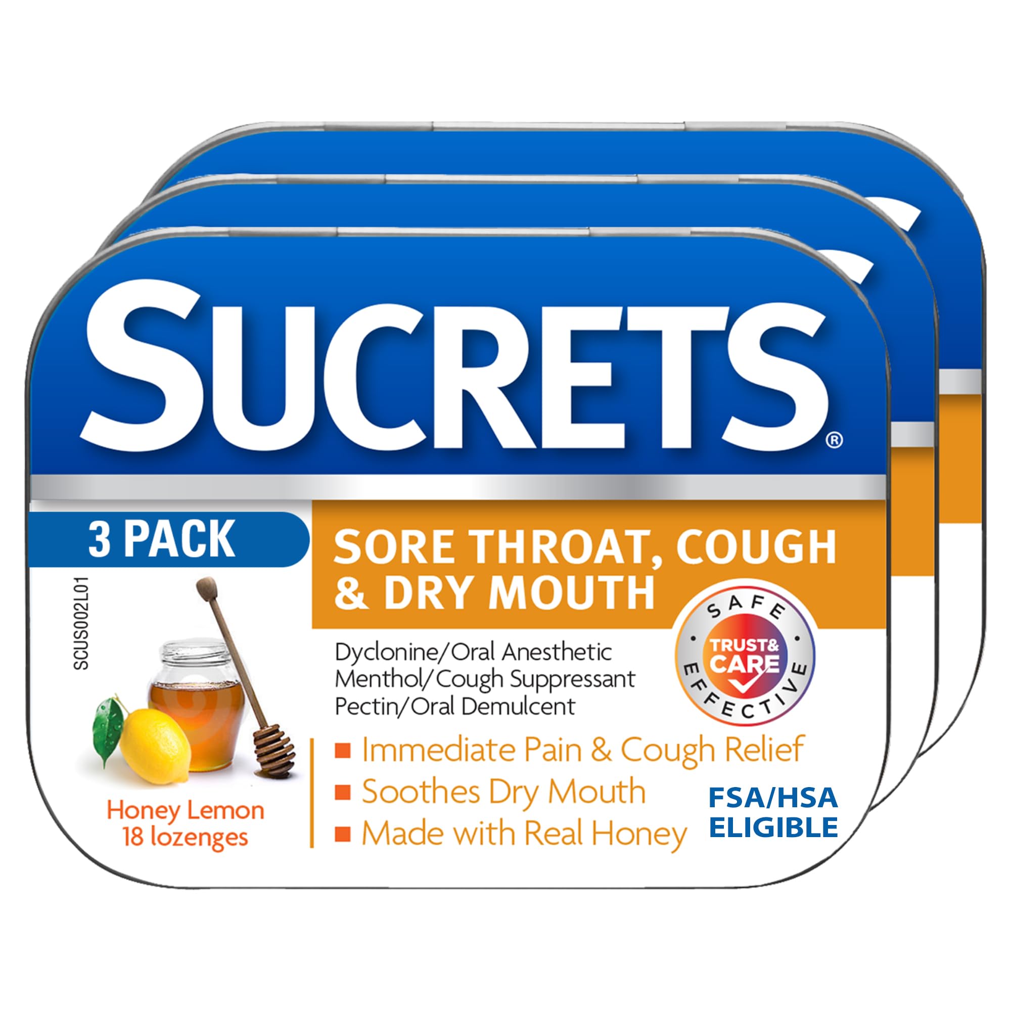SucretsSore Throat, Cough & Dry Mouth Lozenges, Honey Lemon, 18 Count, Pack of 3
