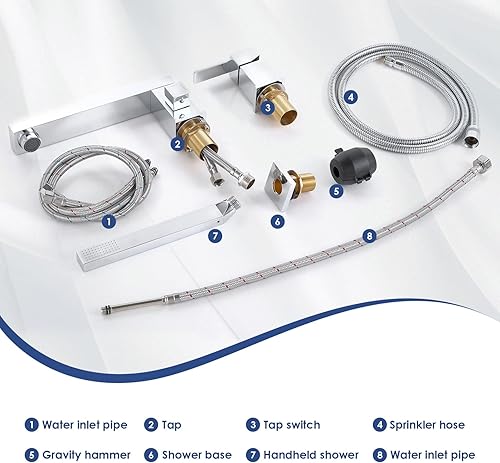 Miniatura 8 de Wathels Grifo de bañera contemporáneo de latón macizo romano con ducha de mano, juego de 3 agujeros (cromado)