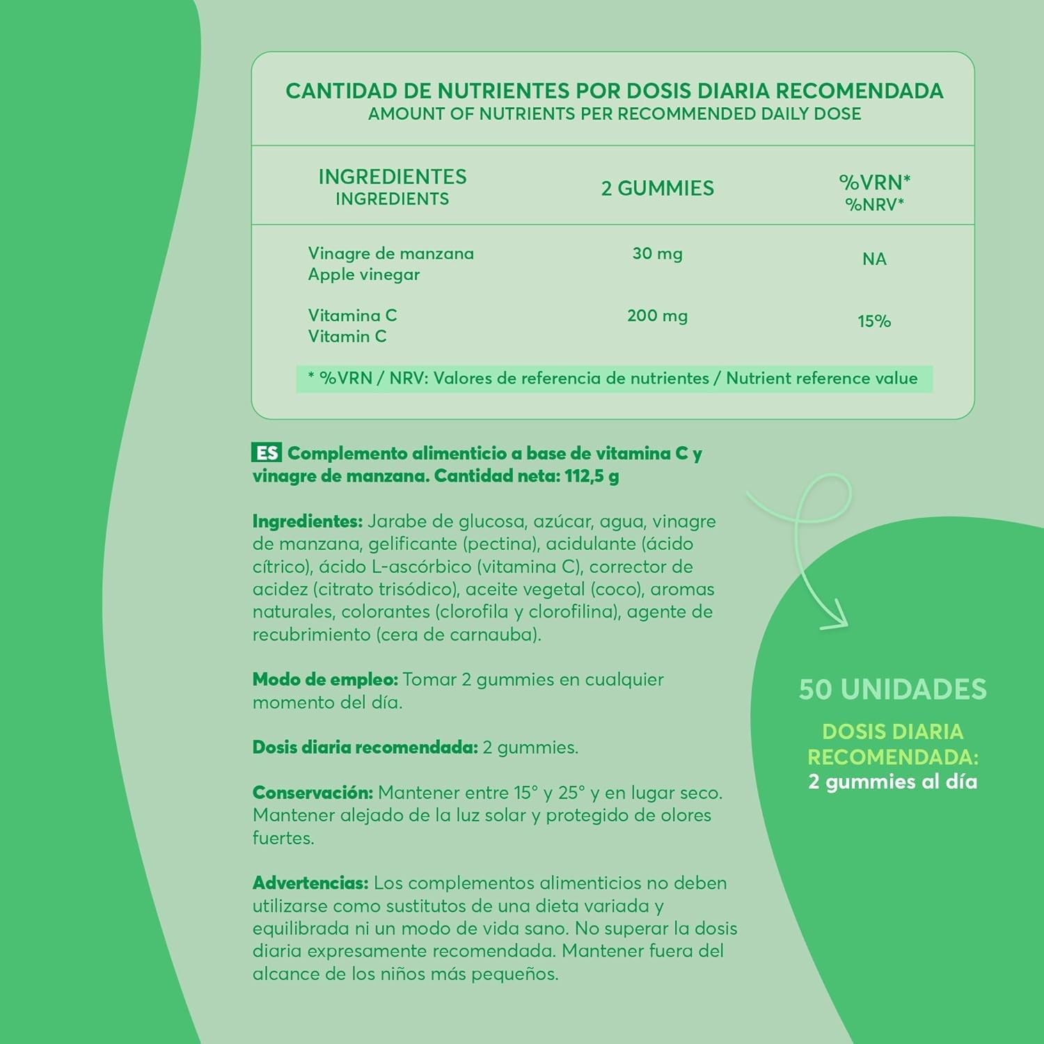 Gomidas de Vinagre de Manzana Premium | 50 Gomitas, Dosis Diaria 2 | Sin Azúcares Añadidos