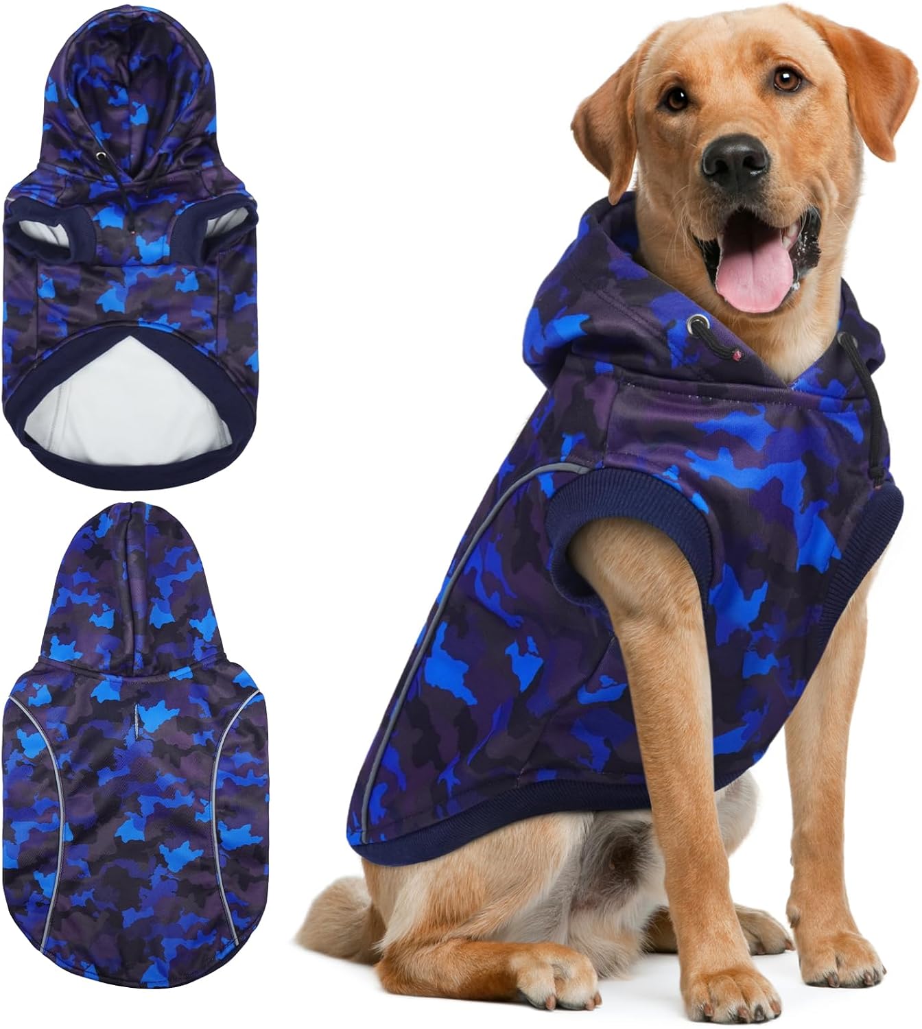 IECOii Dog Hoodie for Large Dogs, Warm Hoodie for Giant Breed Dogs Girl Boy, Fleece Lined Dog Sweatshirt Pullover with Leash Hole & Reflective Stripes, Fall Winter Great Dane Hoodies, Blue Camo, 4XL