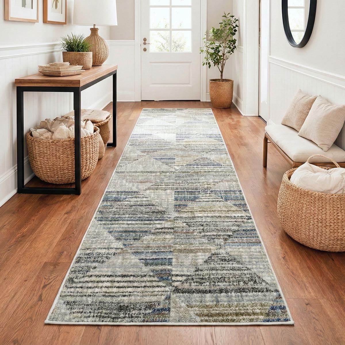 Well Woven Washable Runner Rug 2x19 - Knoll Modern Plush Rug for Hallway & Entryway, Stone Multi, Sculpted Geometric, Recycled Yarns, Stain Resistant Pet Friendly Floor Carpet - Elemental Collection
