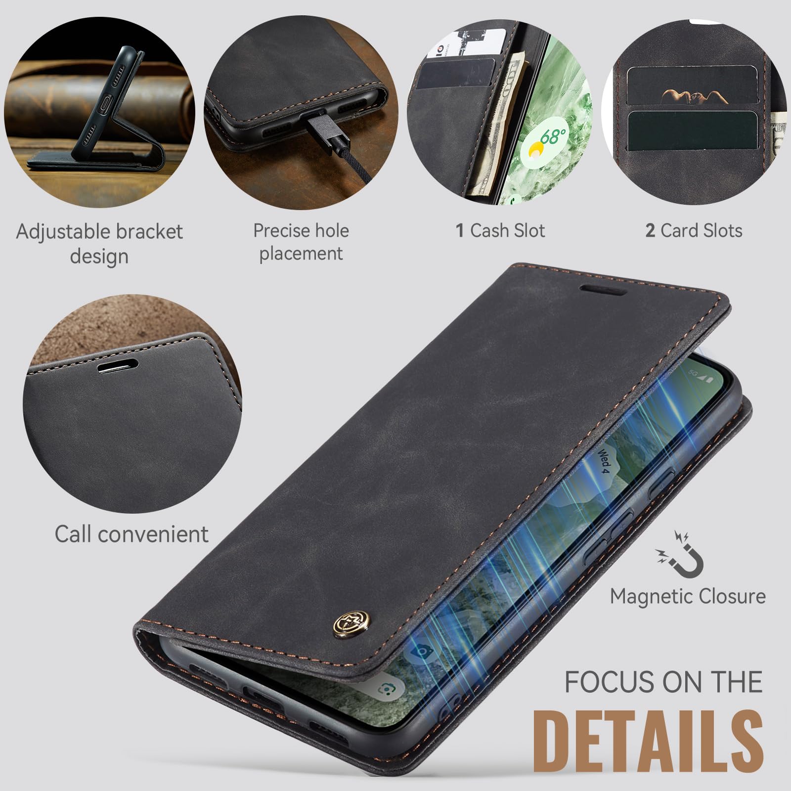 Azororo Cover per Google Pixel 8A 5G, Premium PU Pelle Custodia, Magnetica Carta Fessura Portafoglio Case, Flip Cavalletto Custodia per Google Pixel 8A - Nero