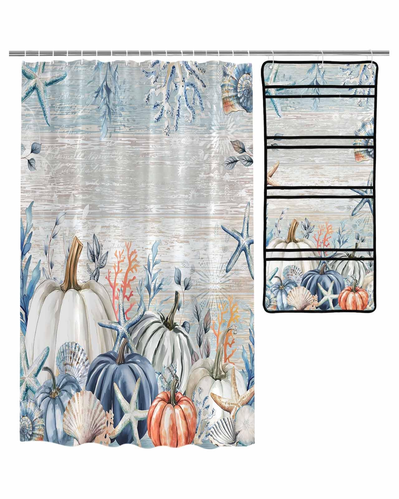 Decorative Shower Curtain Sets Thanksgiving Day Polyester Fabric Waterproof Shower Curtains Fall Pumpkin Starfish Vintage Blue Mesh Shower