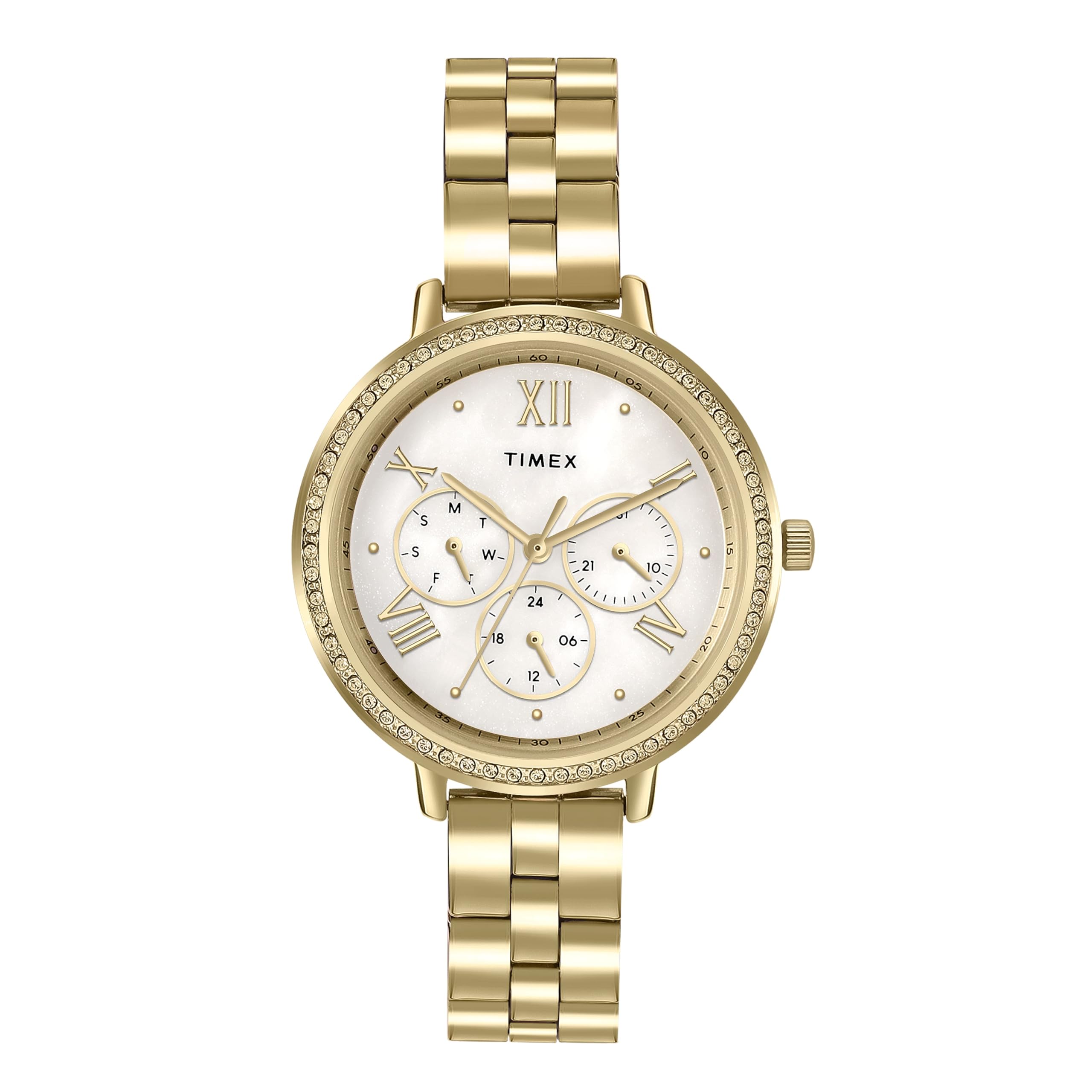 TIMEX Women Stainless Steel Multifunction Analogue Mother Of Pearl White Dial Watch - Tw000Z502, Band Color-Gold (B0CJLQJP11) Amazon Price History, Amazon Price Tracker