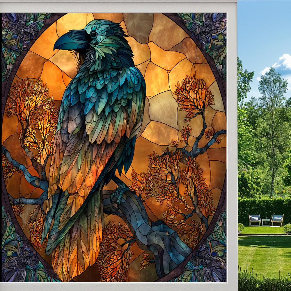 Dark Gothic Crow Frosted Window Film, Autumn Tree Branch Bird Stained Glass Privacy Film, Heat Insulation Self-Adhesive Vinyl for Bathroom Office,（50x90cm）