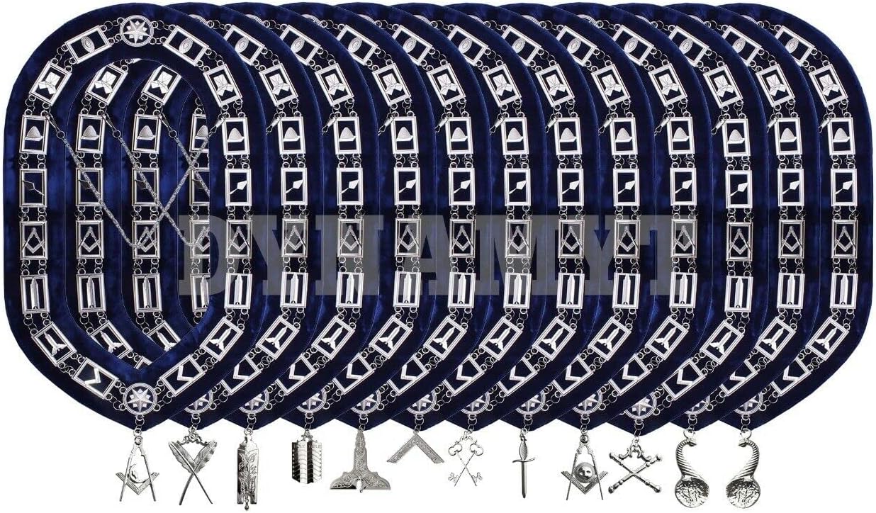 Masonic Regalia Blue Officer Silver Metal Chain Collars with Jewels 12 PCS