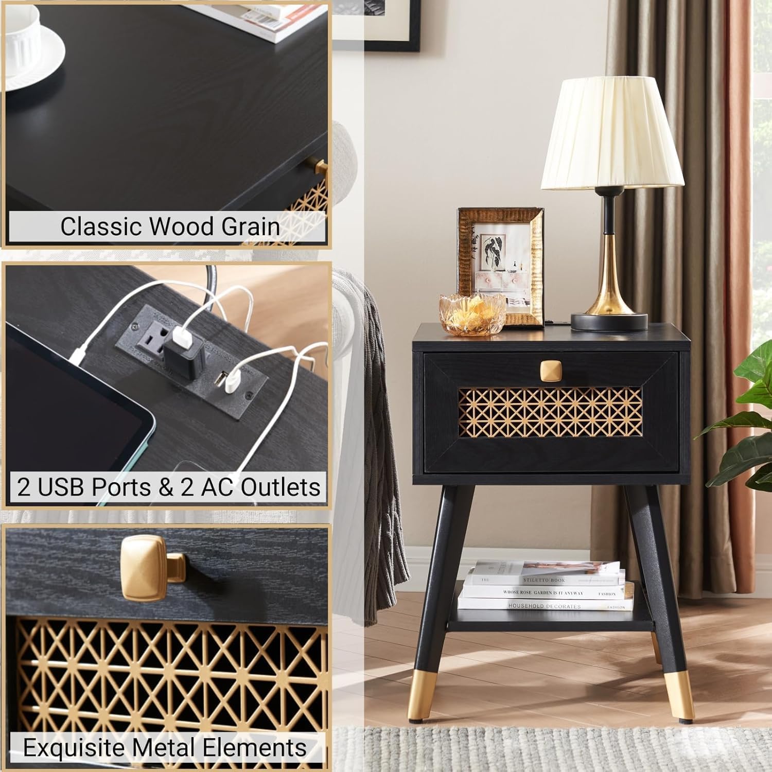 Mid Century Modern End Table with Charging Station, Small Side Table Nightstand with USB Ports & Outlets, Storage Drawer & Open Shelf, Black Boho Wood Table for Living Room, Bedroom, Office,Set of 2
