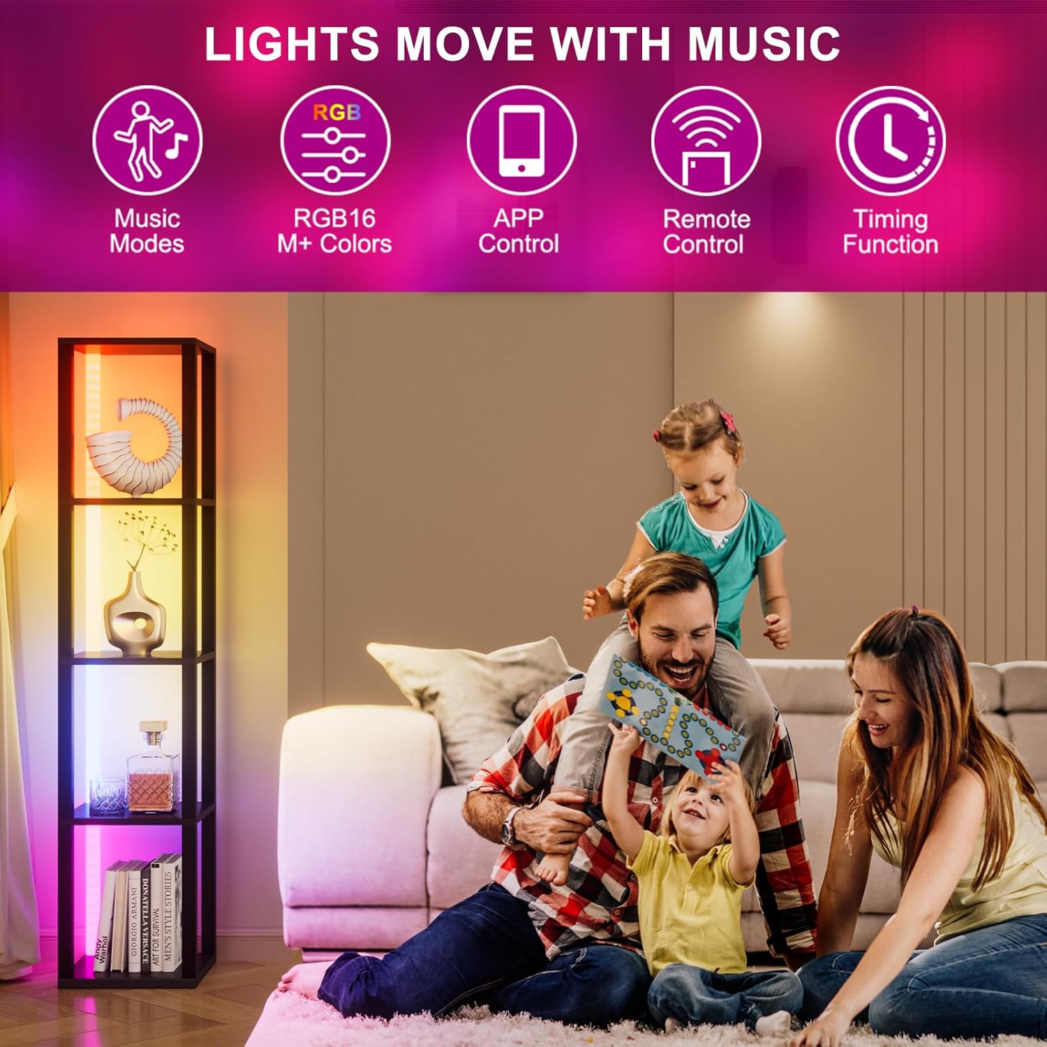 Corner Shelf with Light 5 Tier Tall Standing Shelf Dimmable Corners Floor Lamp with Shelves LED Corners Bookshelf Display Cabinet for Living Room, Bedroom, Home Decor