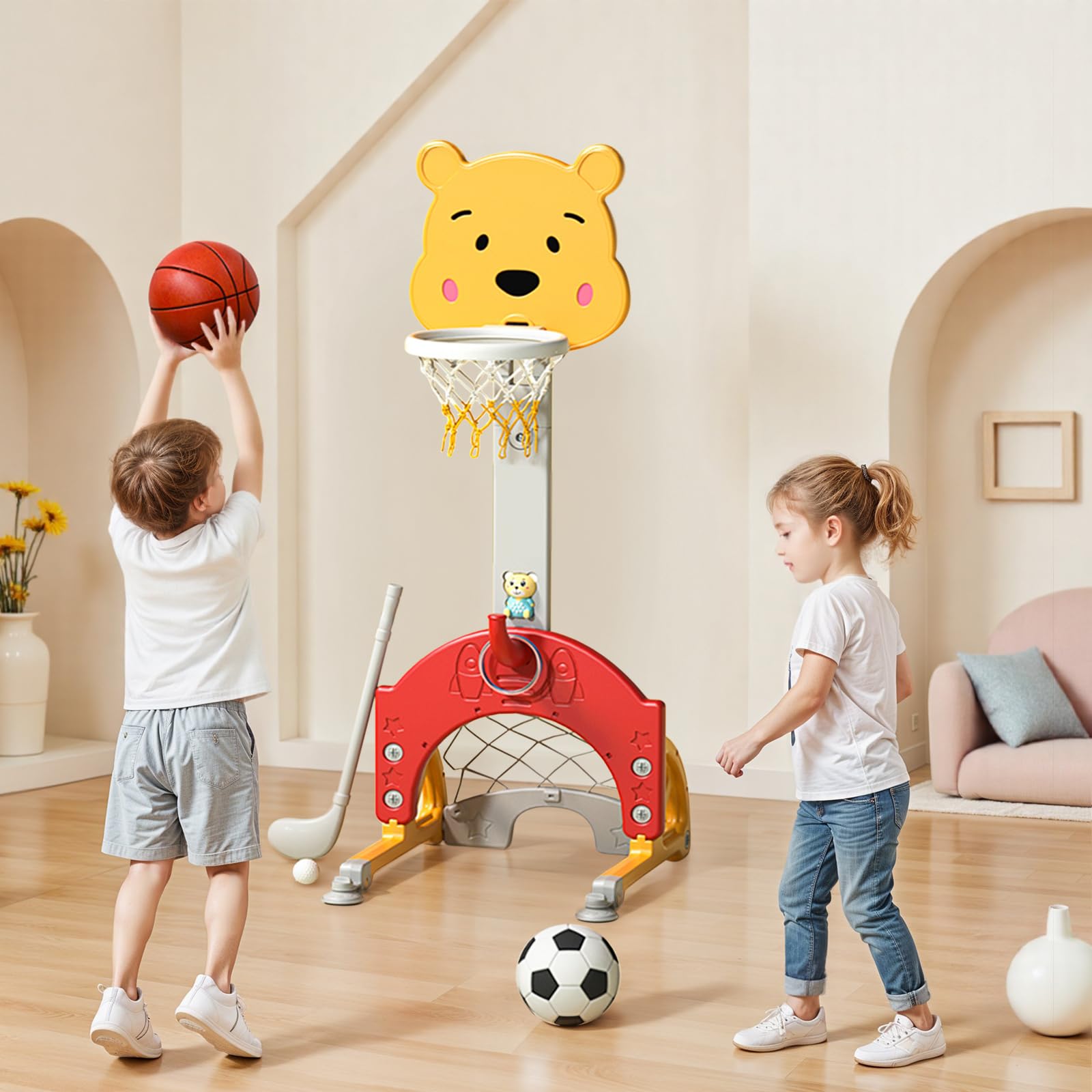Basketball Hoop and Stand Indoor for Kids, Height Adjustable Basketball Hoop Outdoor Children Football Basketball Set with Football Goal, Ring Toss, Music & Story Player (Yellow & Red)