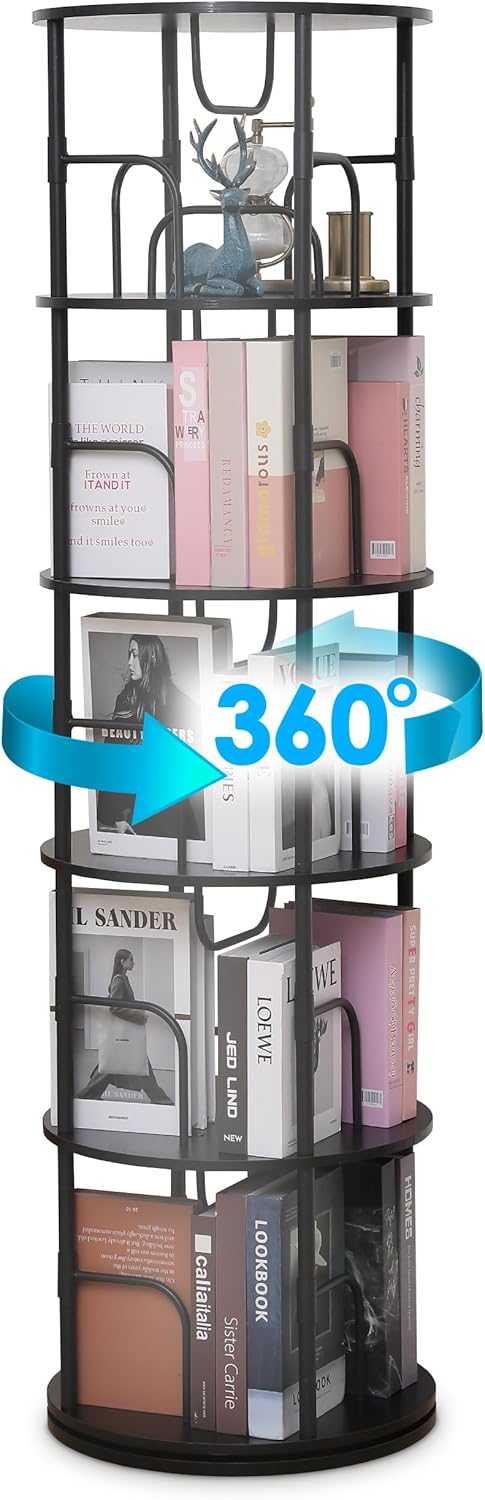 Houseables Rotating Bookshelf, Spinning Bookshelf Tower, Revolving Bookcase, Swivel Bookcase, Home Library Furniture, Revolving Media Tower, Storage, Round, 360, Turning, Circular, Tall, 5 Tier, Black
