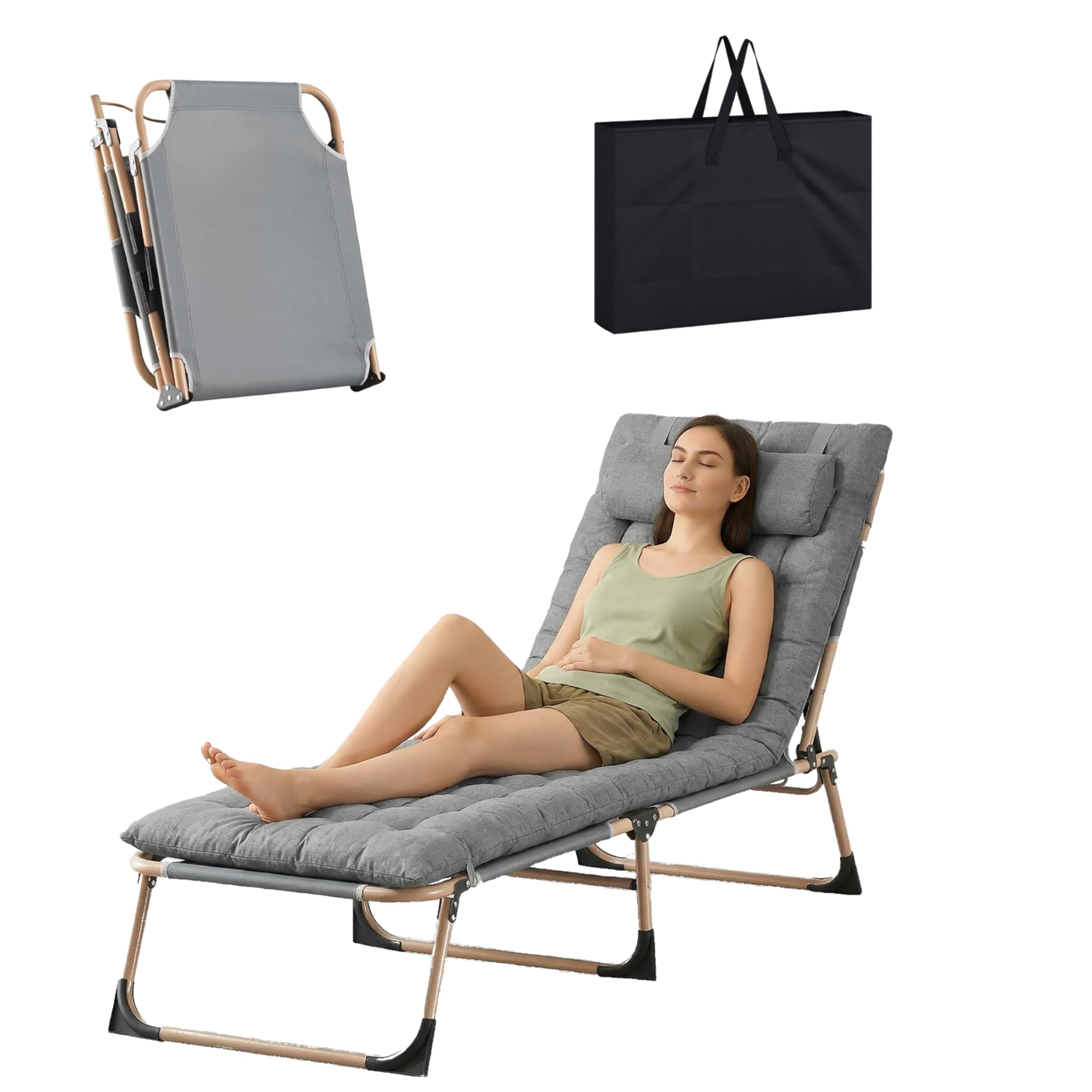 LSBIKE Folding Sun Lounger Bed Chair with Cushion and Bag– Extra Wide Foldable Sunbed with 3 Recline Positions, Breathable Oxford Fabric, Portable Sun Lounger for Garden, Patio, Camping (Grey, 1pcs)