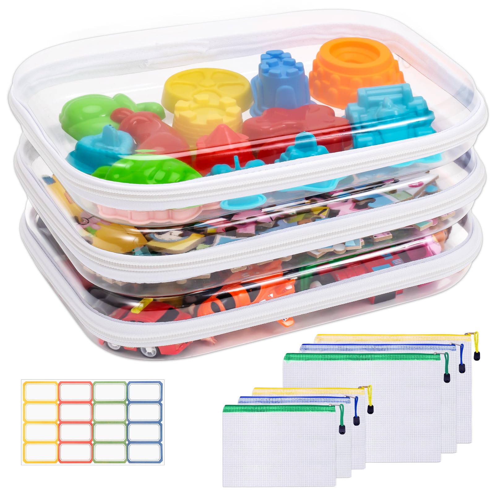 Pechor 3PCS Zippered Hard Pouch Clear, Portable Waterproof Makeup Bag with Zipper, Kid's Toy Storage Organizer Bins, Plastic Clear Pencil Case (with